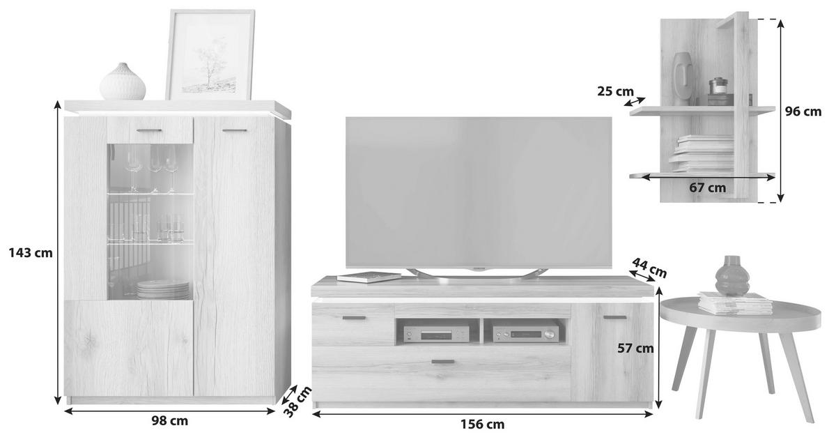 Wohnkombination Modern 3 -teilig. Mit Led Vancouver, Eiche Dekor - Eichefarben, MODERN, Glas/Holzwerkstoff (254/198/44cm)
