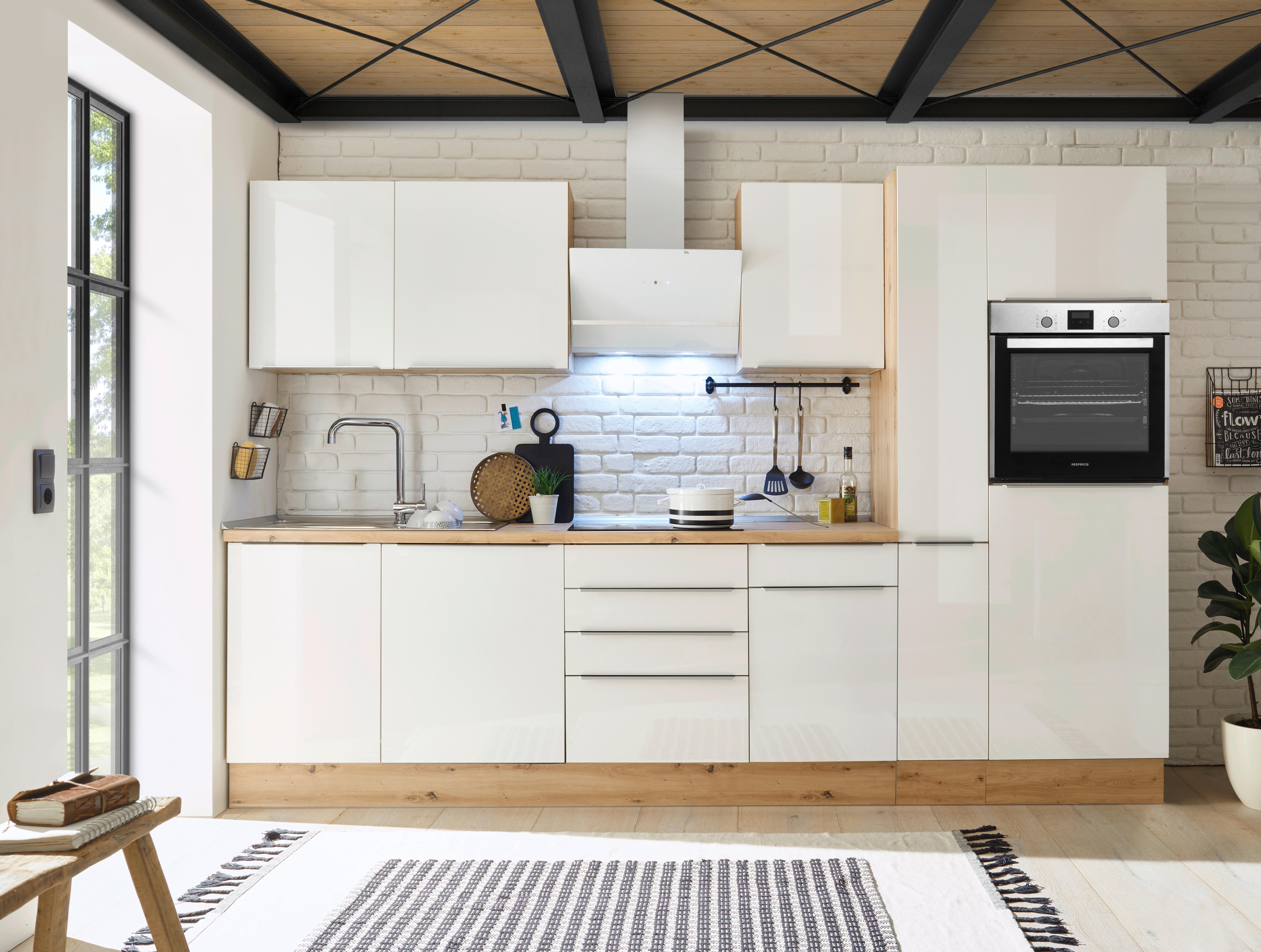 Küchenzeile Mit Geräten B: 310 Cm Weiß/eiche Dekor - Weiß Hochglanz/Eiche Artisan, LIFESTYLE, Holzwerkstoff (310/211/60cm) - Respekta