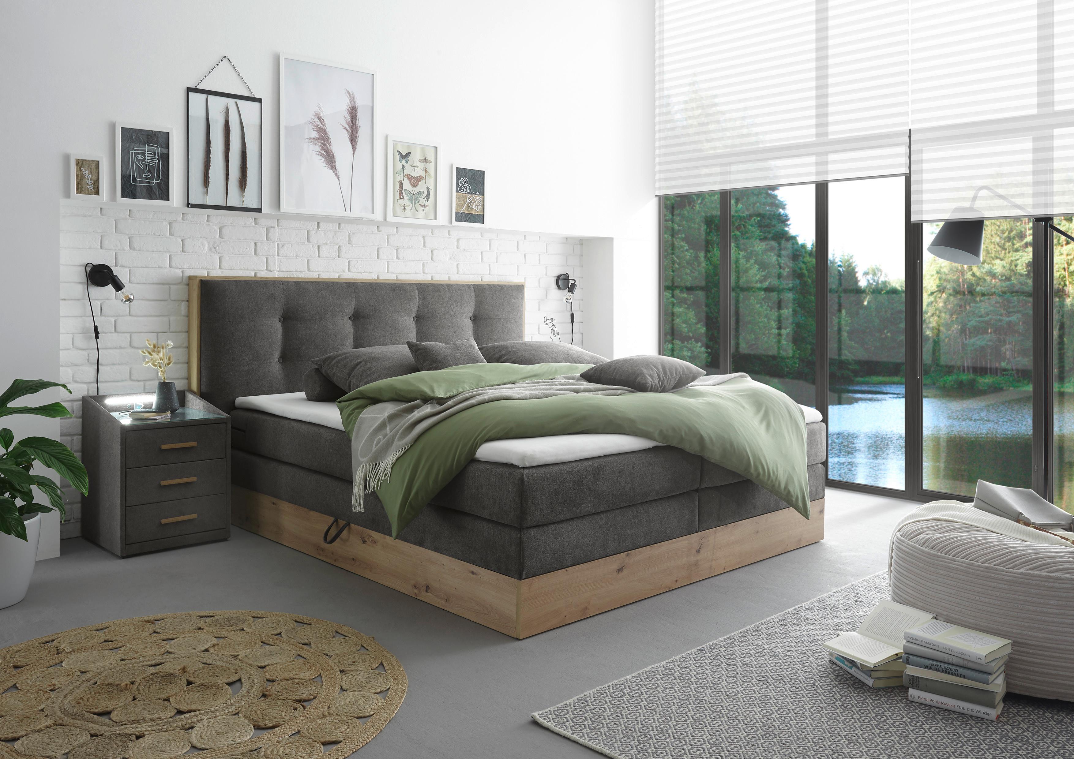 Boxspringbett in Anthrazit und Holzoptik
