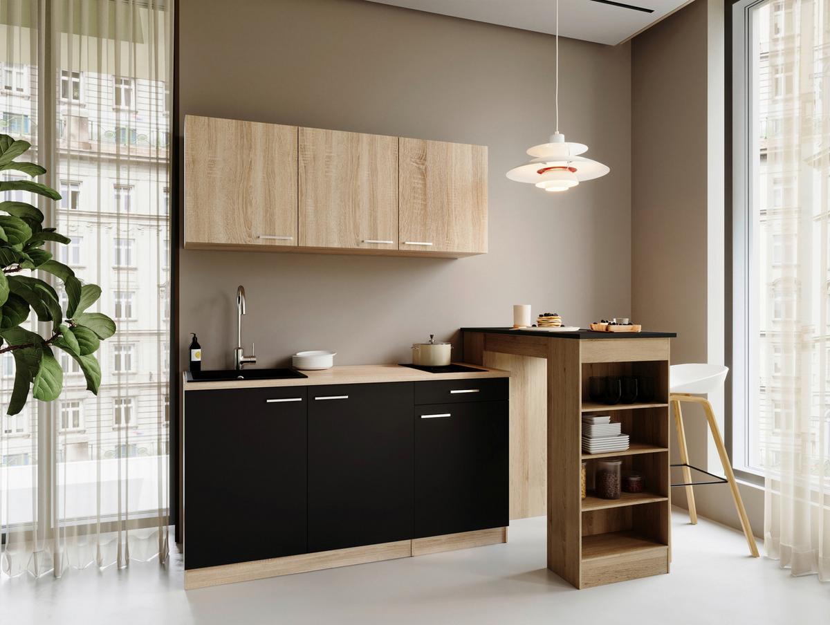 MINIKÜCHE Schwarz/Eichefarben B: 150cm - Eichefarben/Schwarz, Design, Holzwerkstoff (150cm) - Respekta