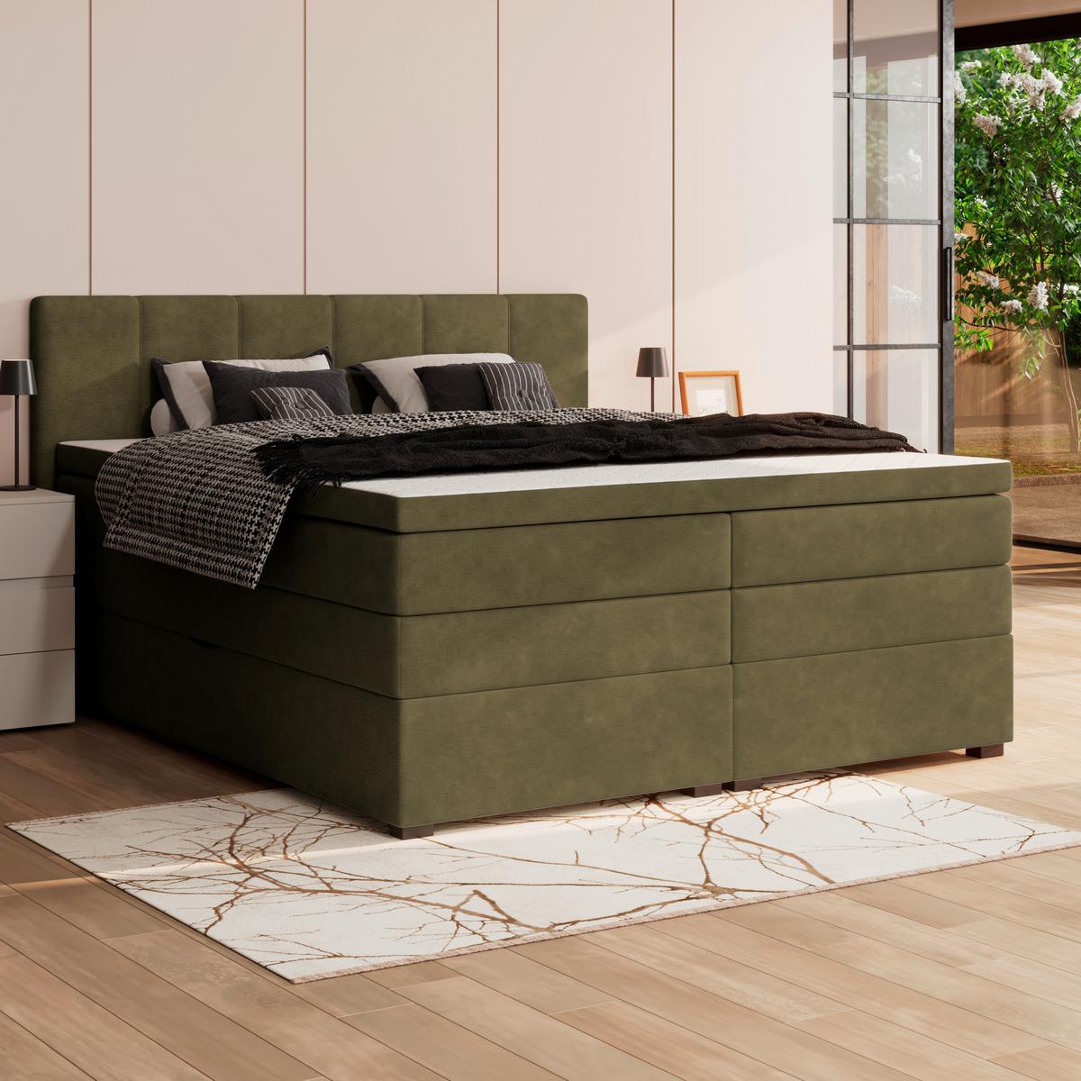 Boxspringbett mit Topper & Bettkasten 200x200 Lauro - Schwarz/Grün, Trend, Textil (200/200cm)