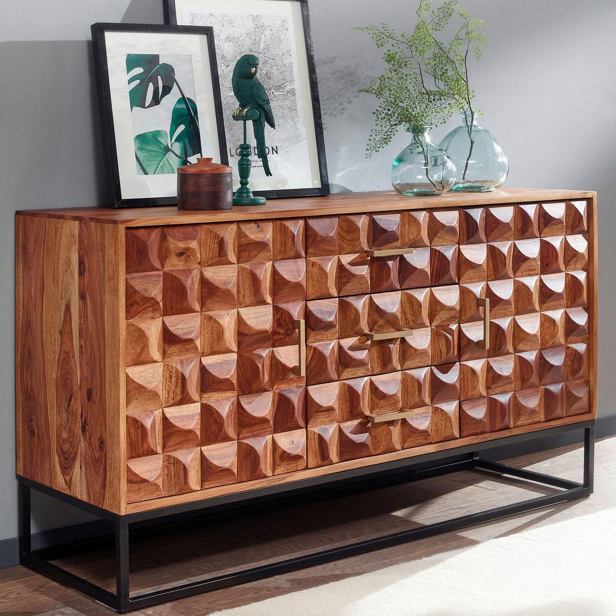 Sideboard Sheesham Sheeshamfarben B: 145 Cm - Sheeshamfarben/Schwarz, Design, Holz (145/81/45cm) - MID.YOU