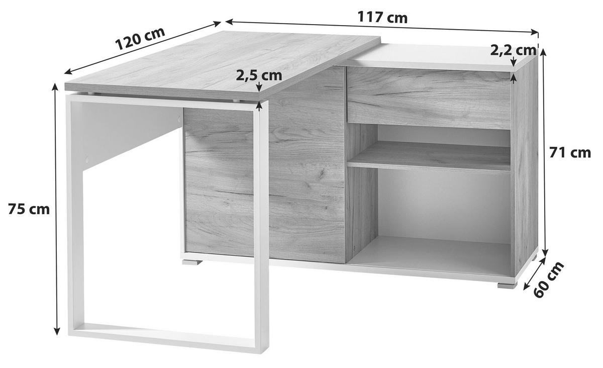 Eckschreibtisch Mit Stauraum B 120cm H 117cm Gw-Lioni Eiche - Eichefarben/Weiß, Design, Holzwerkstoff/Metall (120/75/117cm) - Germania