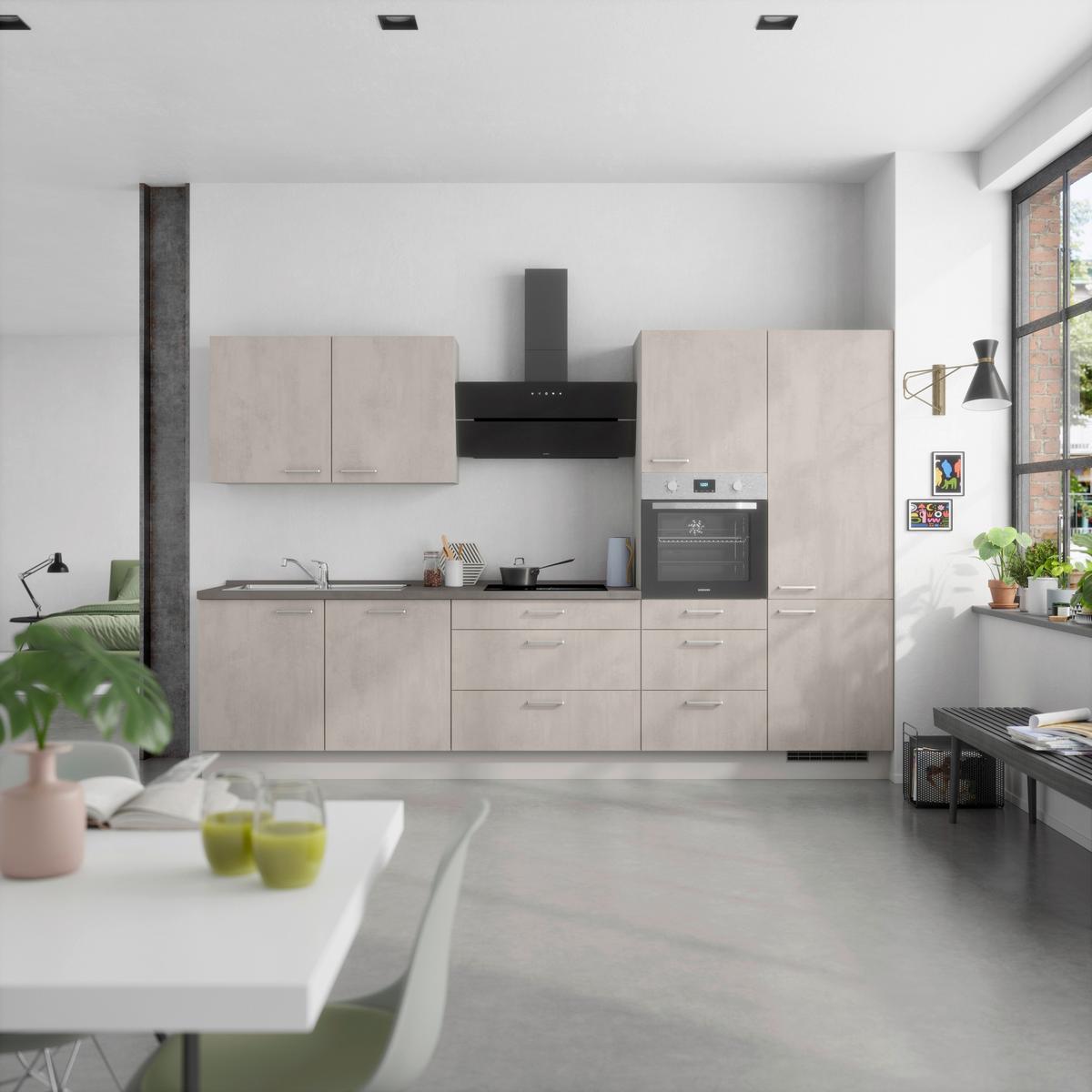 Kuchynská linka 330 cm, šedý betón/ kamenná šedá - sivá/farba ušľachtilej ocele, Modern, kov/kompozitné drevo (330cm) - Nobilia