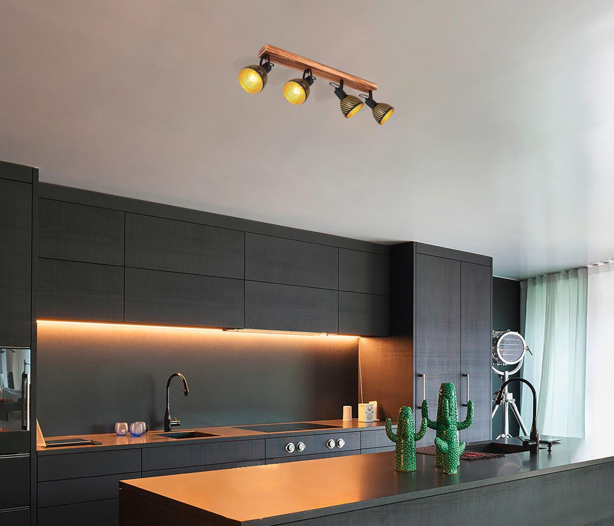 Strahler 4-Flammig verstellbar L: 80 cm - Dunkelbraun/Goldfarben, Basics, Holz/Metall (80/12,5/25cm) - Globo