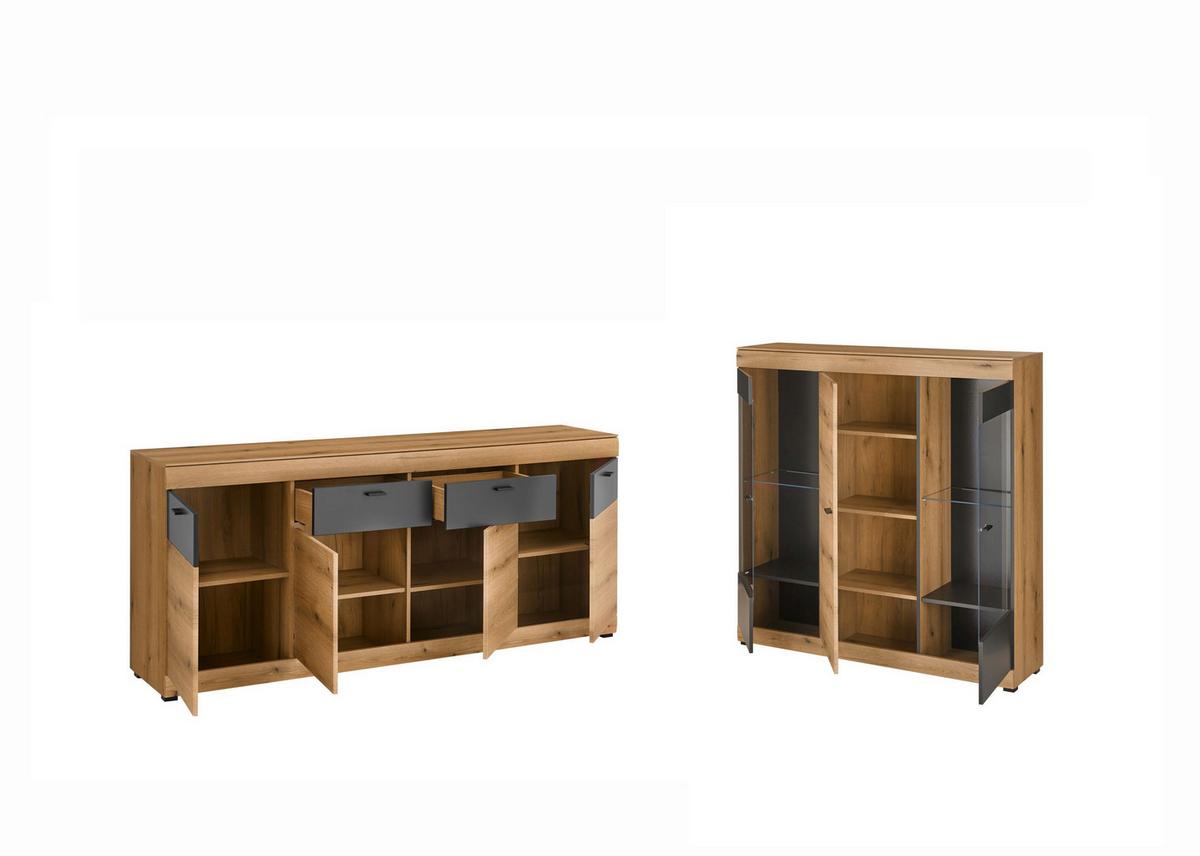 Wohnwand Soleto Graphit/Eiche B: 199,7 - Eichefarben/Schwarz, Design, Glas/Holzwerkstoff (199,7/86,2/42,4cm) - MID.YOU