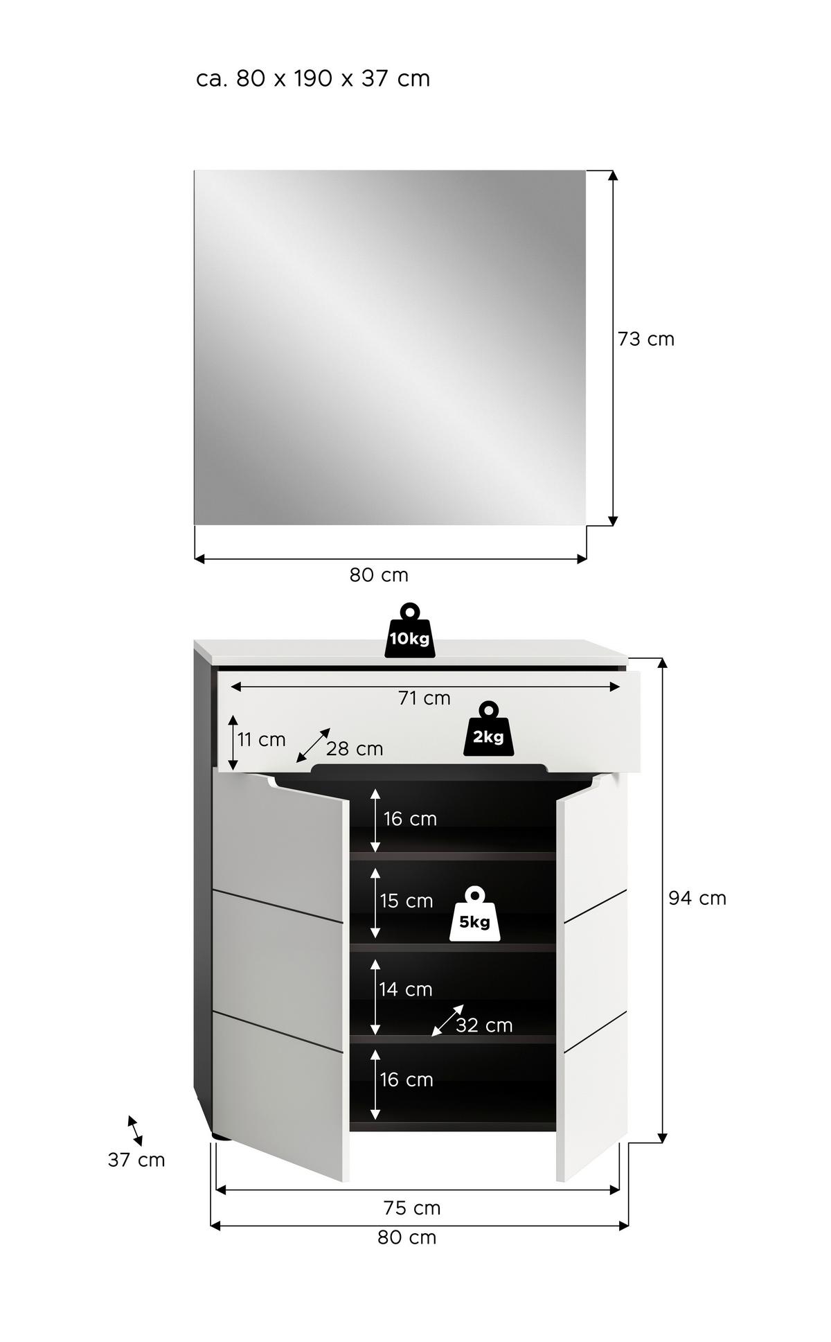 Garderobe Canu 2-Teilig Grau/Weiß B: 80 cm - Weiß/Grau, Design, Holzwerkstoff (80/190/37cm) - Livetastic