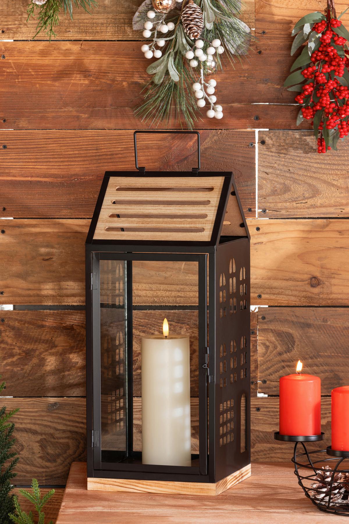 Laterne Hermine - Schwarz/Naturfarben, KONVENTIONELL, Glas/Holzwerkstoff (15cm) - Luca Bessoni