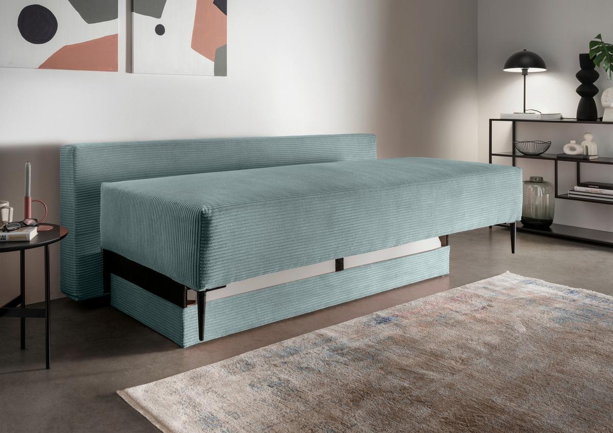 Schlafsofa Petri Hellblau Cord, Rücken Echt B: 198 cm - Schwarz/Hellblau, MODERN, Textil (198/90/100cm) - Livetastic