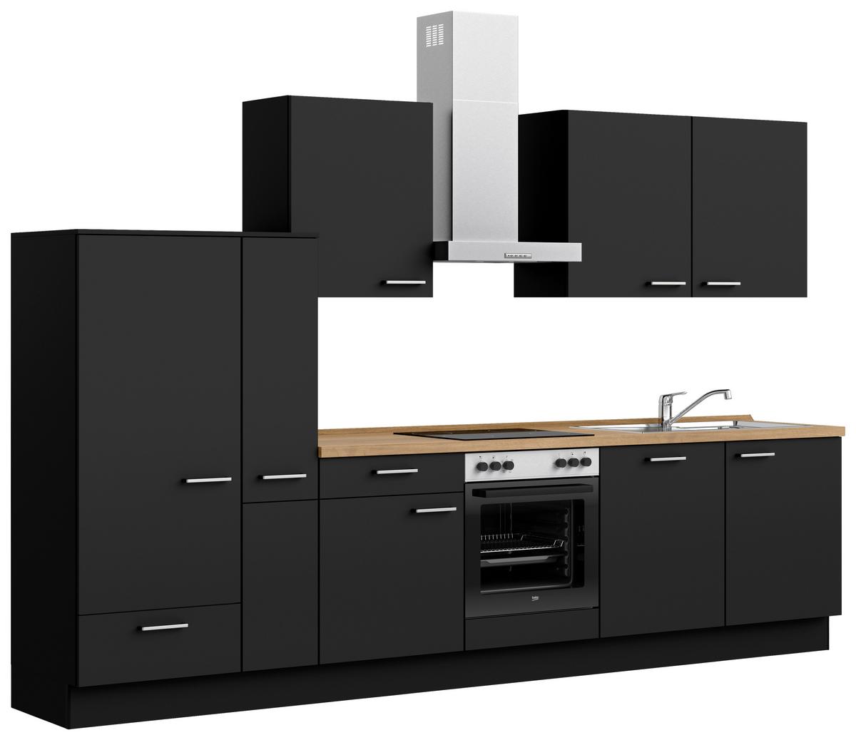 Kuchyňská linka 330 cm, černá matná - černá/barvy dubu, Moderní, kov/kompozitní dřevo (330cm) - Nobilia