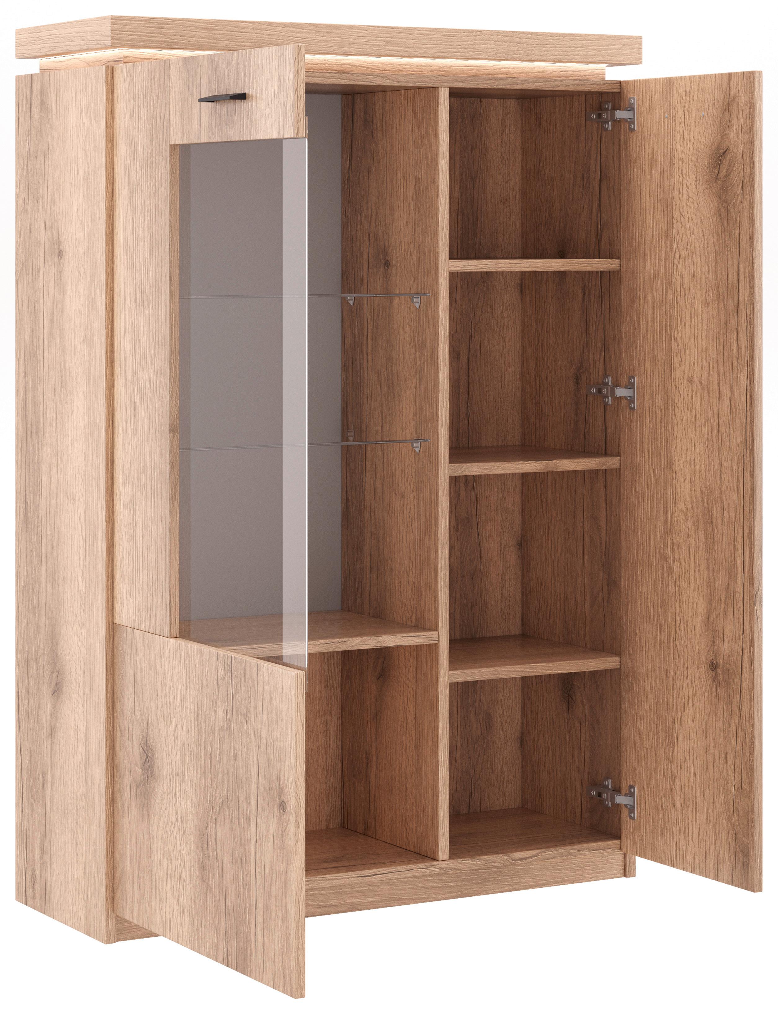 Vitrine mit Drehtüren, eine davon teilverglast