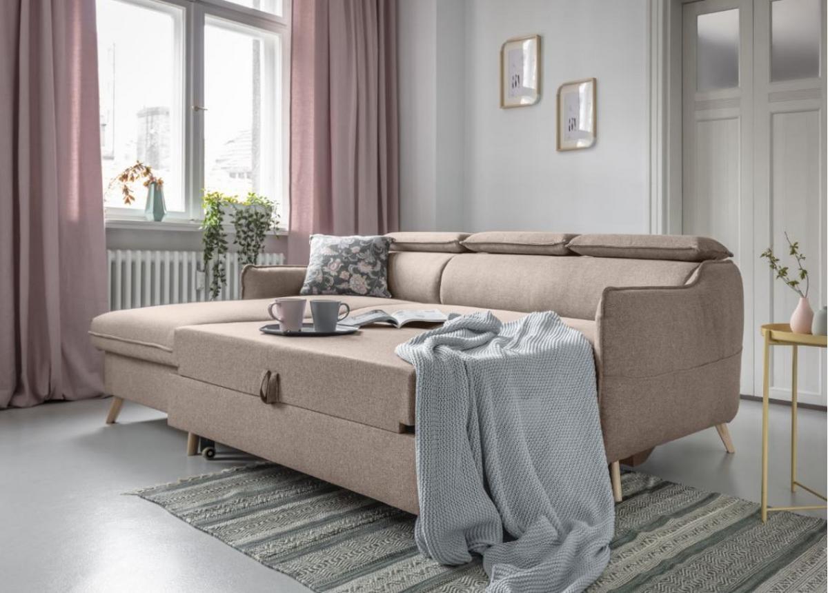 Rozkládací sedačka SIMONE, levé provedení - přírodní barvy/béžová, Moderní, dřevo/textil (228/82/95/162cm)