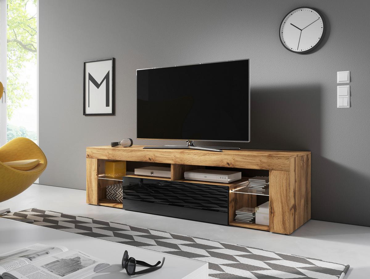 Lowboard Everest 140 Led - Eiche Wotan/Schwarz, Design, Glas/Holzwerkstoff (140/50,5/35cm) - Livetastic