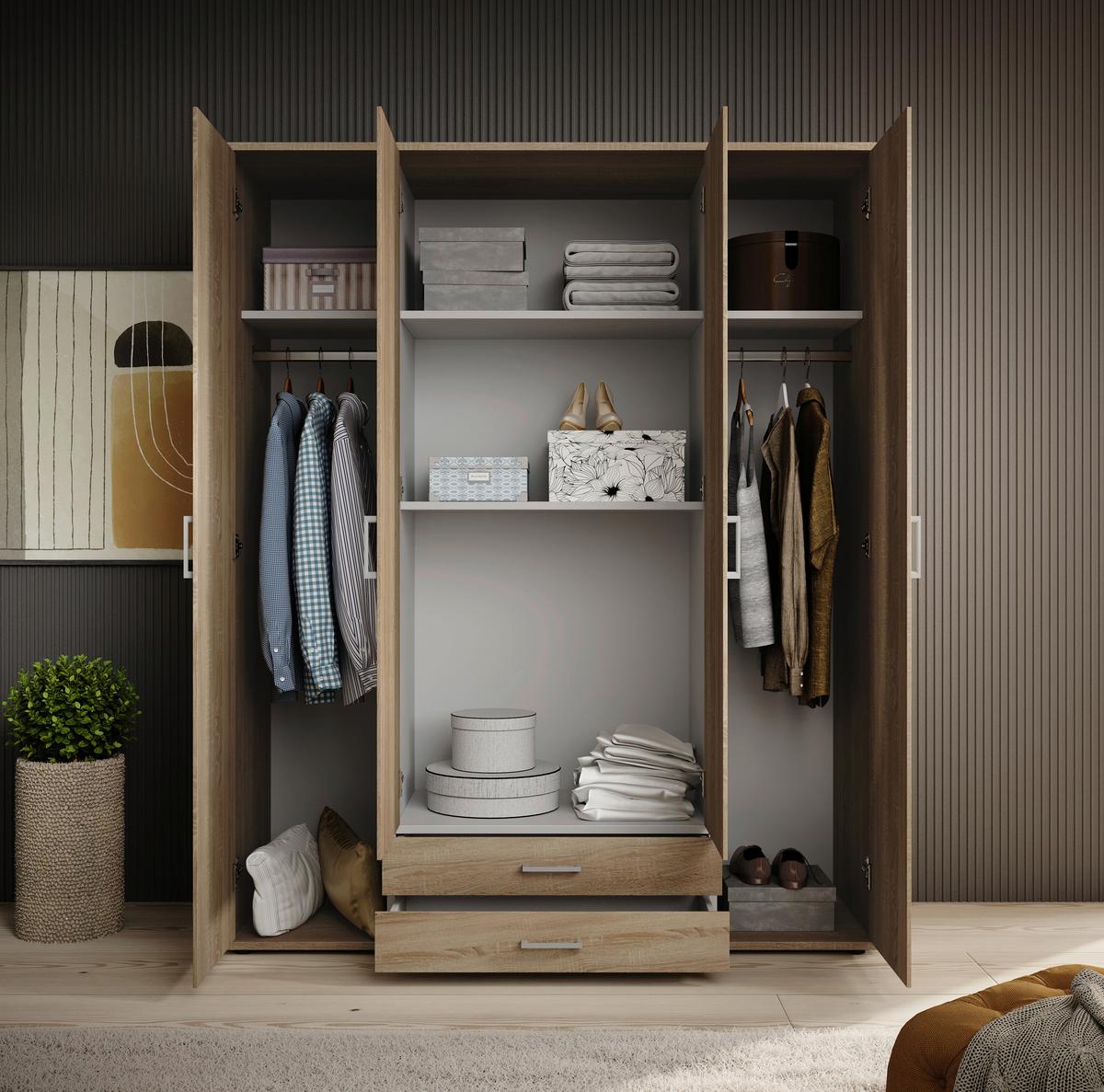Drehtürenschrank Mit 2 Laden 160cmpaul,sonoma Eiche 4-Türig - Sonoma Eiche, Basics, Glas/Holzwerkstoff (160/196/54cm)