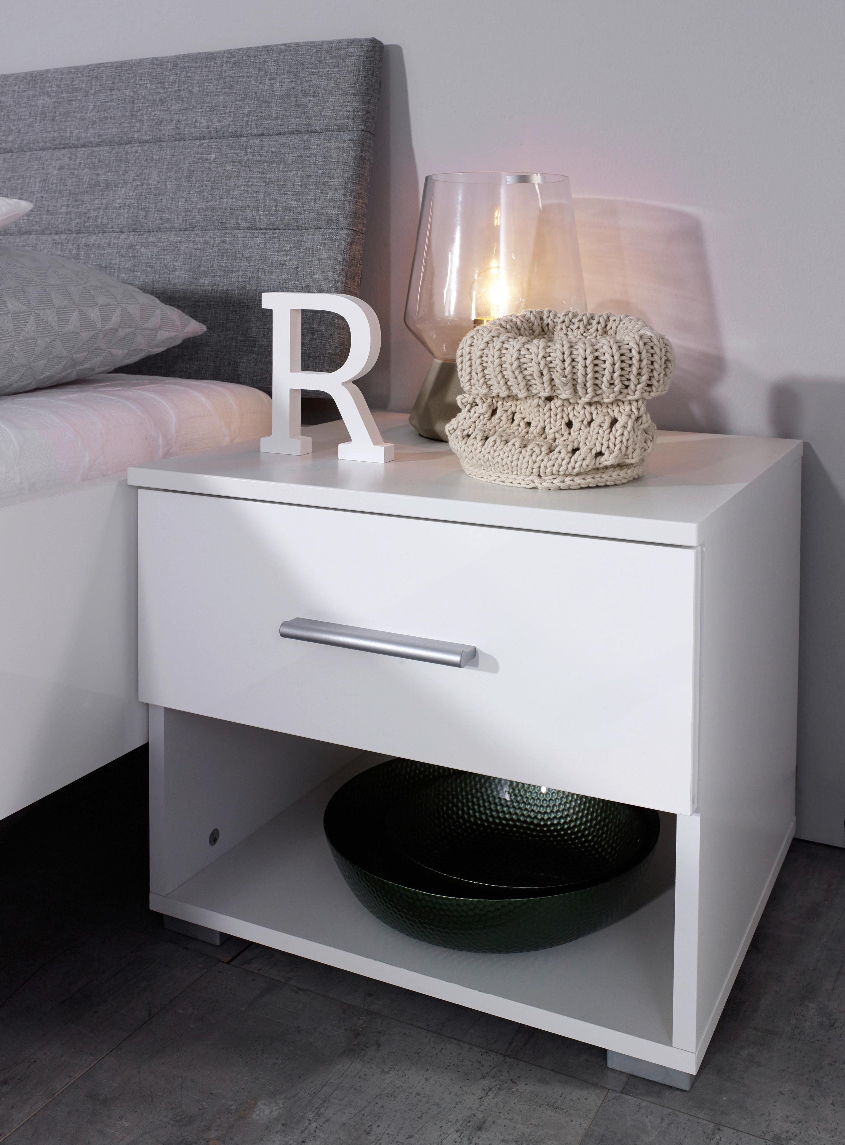 Nachtkästchen Weiß H: 43cm Halle - Weiß Hochglanz/Alufarben, KONVENTIONELL, Holzwerkstoff (47/43/44cm) - Rauch Möbel