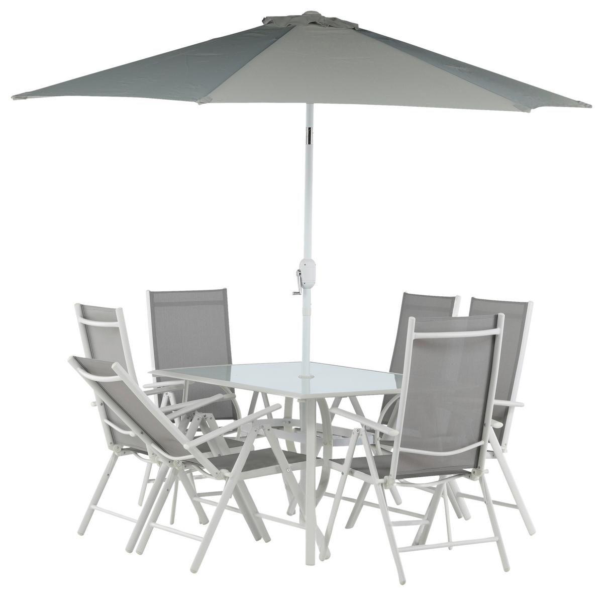 Gartentischgruppe 8-tlg Brekki Aus Aluminium Mit Schirm - Weiß, KONVENTIONELL, Glas/Metall - Gardenson