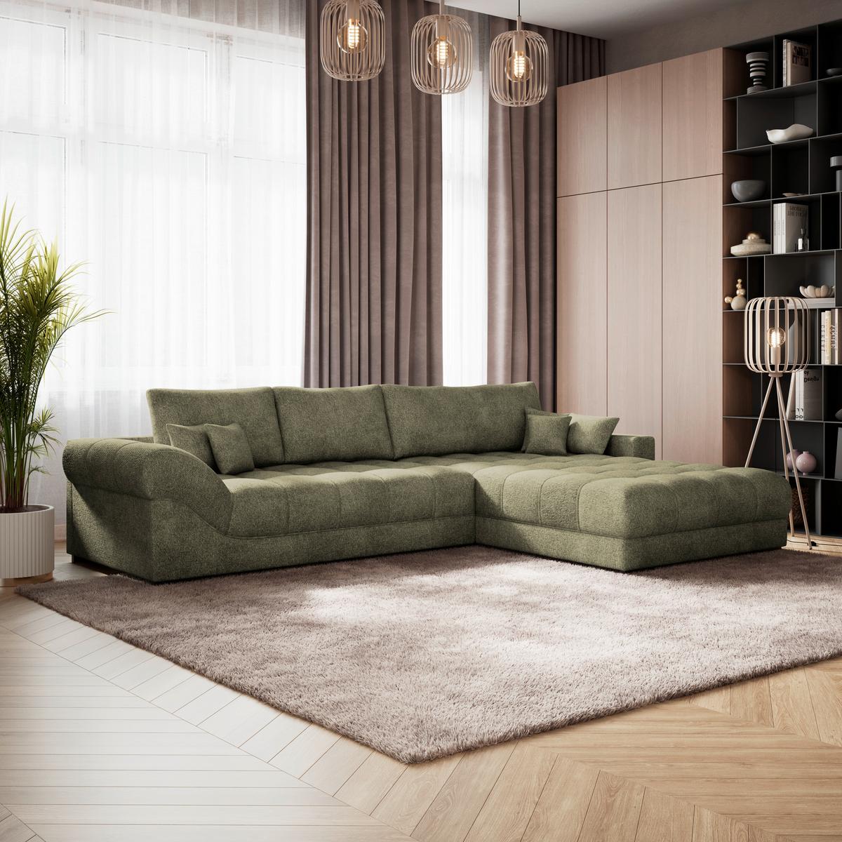 Boxspringecksofa Emil Webstoff dunkelgrün, S:343x217cm - Dunkelgrün/Schwarz, ROMANTIK / LANDHAUS, Holzwerkstoff/Textil (343/217cm)