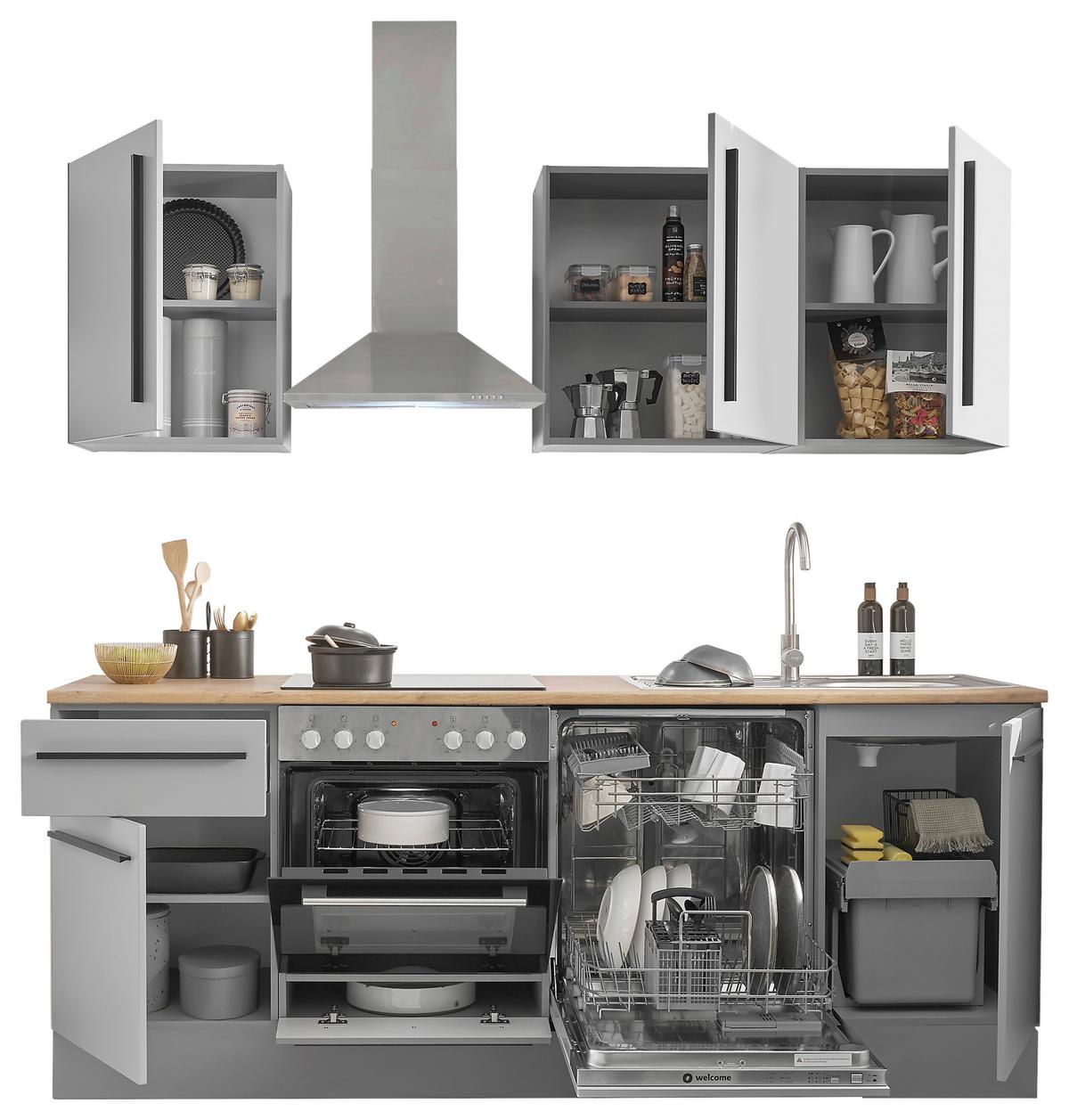 Kuchyňský blok DENVER bez spotřebičů, šířka 220 cm - šedá/barvy dubu, Design, kompozitní dřevo/plast (220cm) - MID.YOU