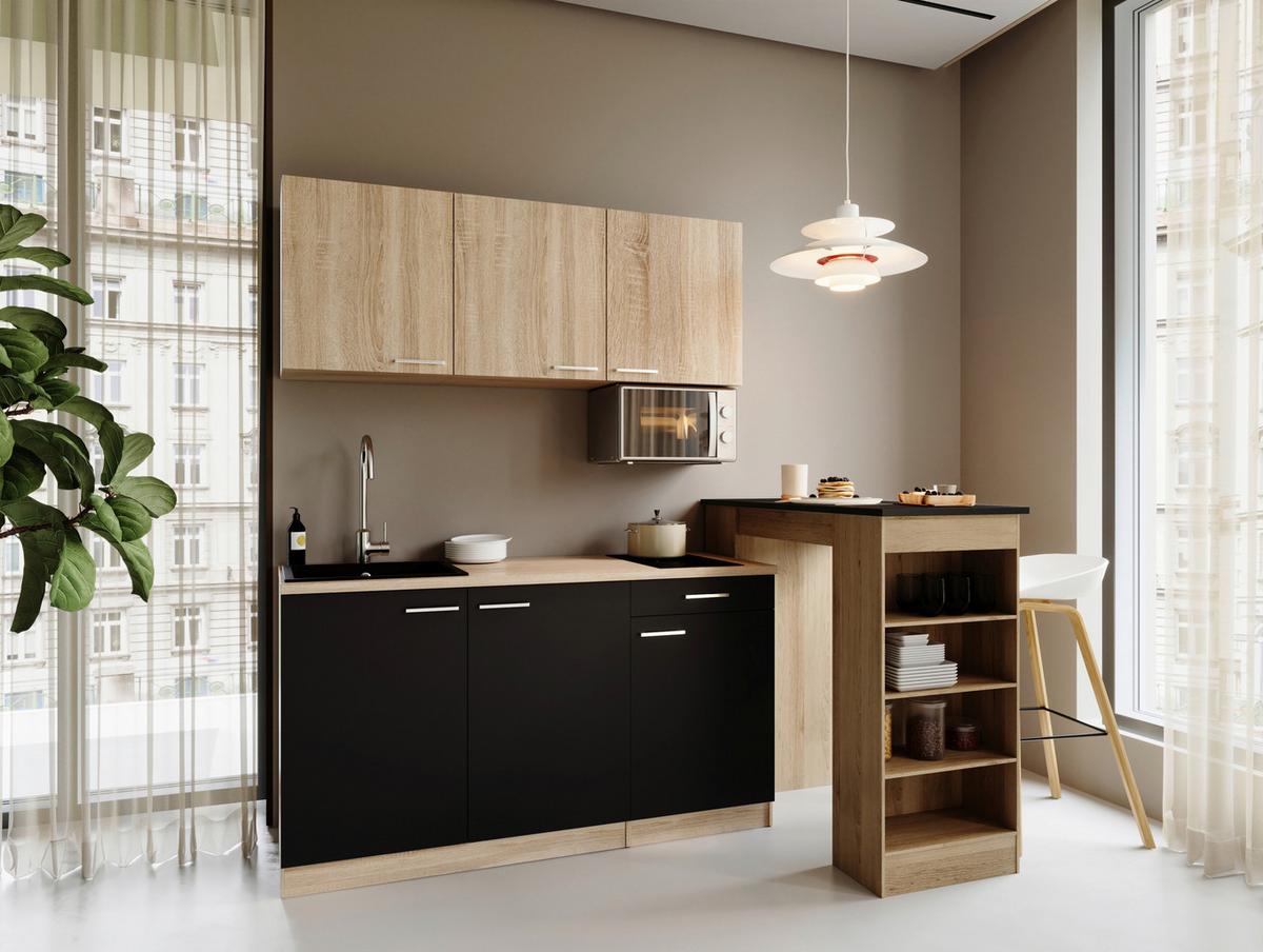 Miniküche Ingrid Schwarz/Eichefarben B: 150cm - Eichefarben/Schwarz, Design, Holzwerkstoff (150cm) - Respekta