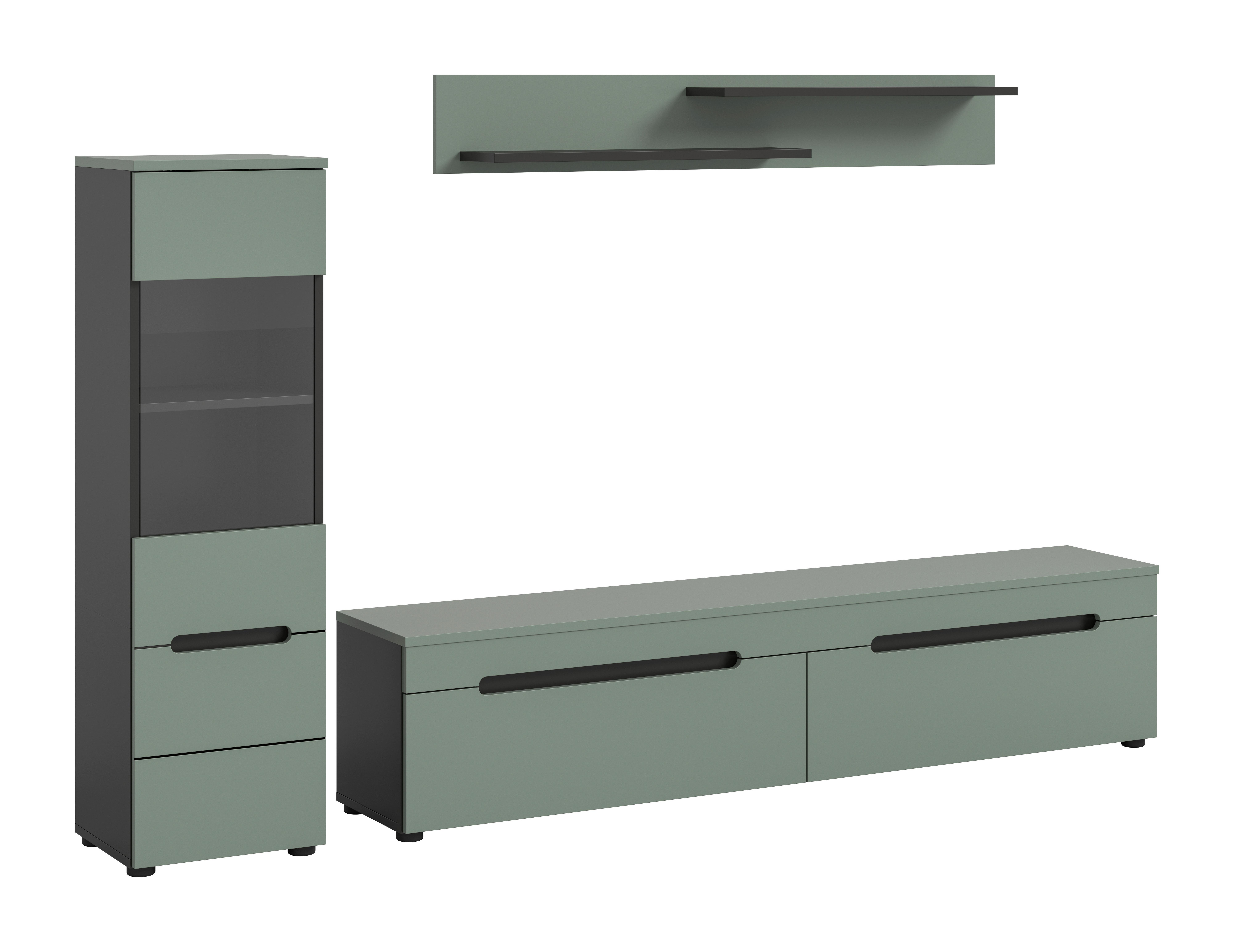WOHNWAND Canu Graugrün B: 221cm - Schwarz/Grasgrün, Design, Holzwerkstoff (221/141/33cm) - Livetastic