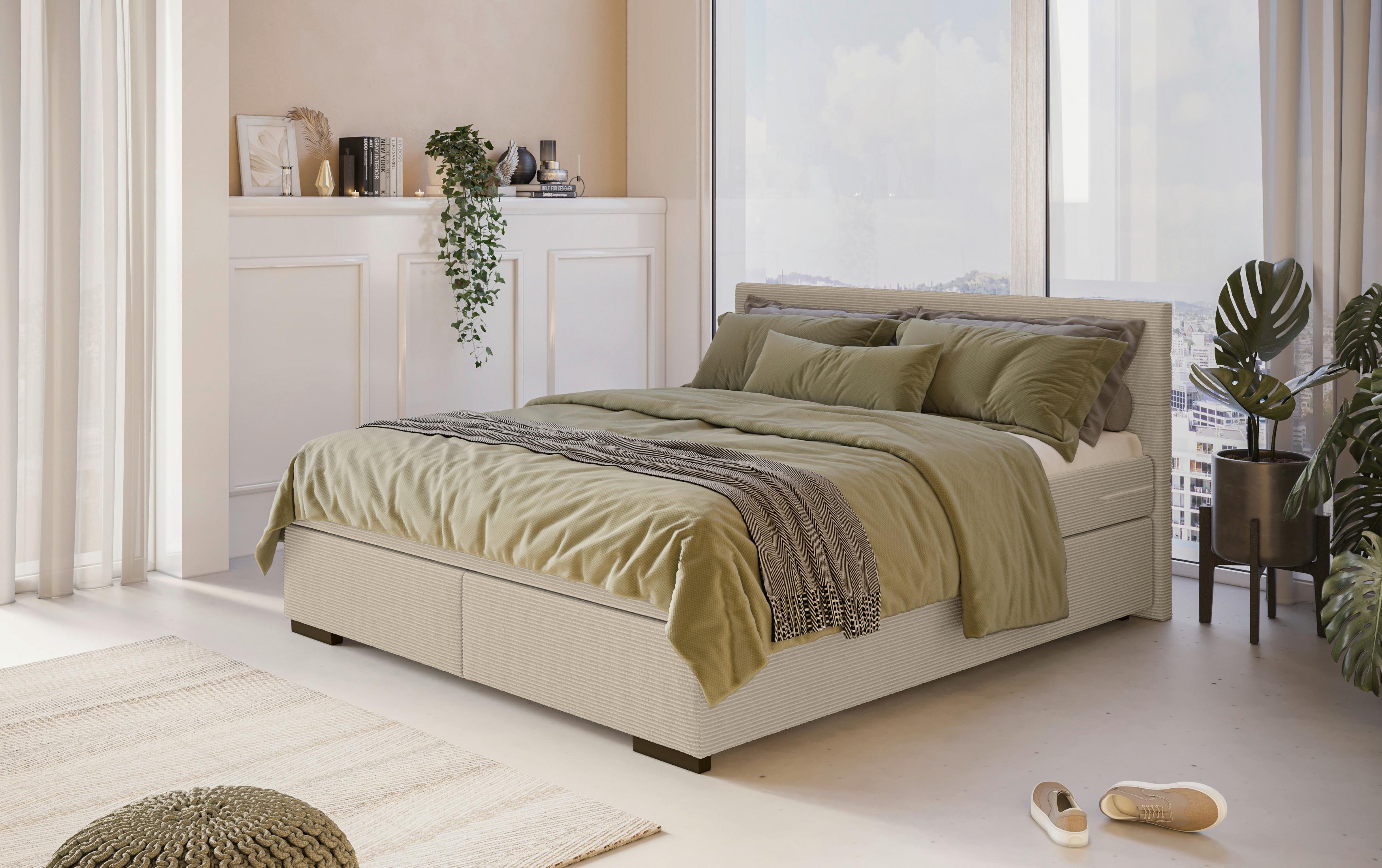 Boxspringbett Mit Topper 140x200 Cm Mammut, Creme - Creme/Schwarz, KONVENTIONELL, Holz/Holzwerkstoff (140/200cm) - MID.YOU