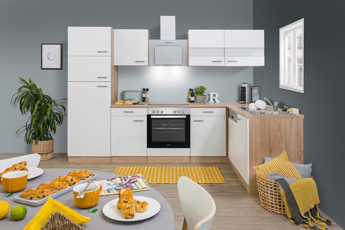 Eckküche Economy mit Geräten 172x280 cm Weiß/Eiche Dekor - Eichefarben/Weiß, Basics, Glas/Holzwerkstoff (280/172cm) - Respekta