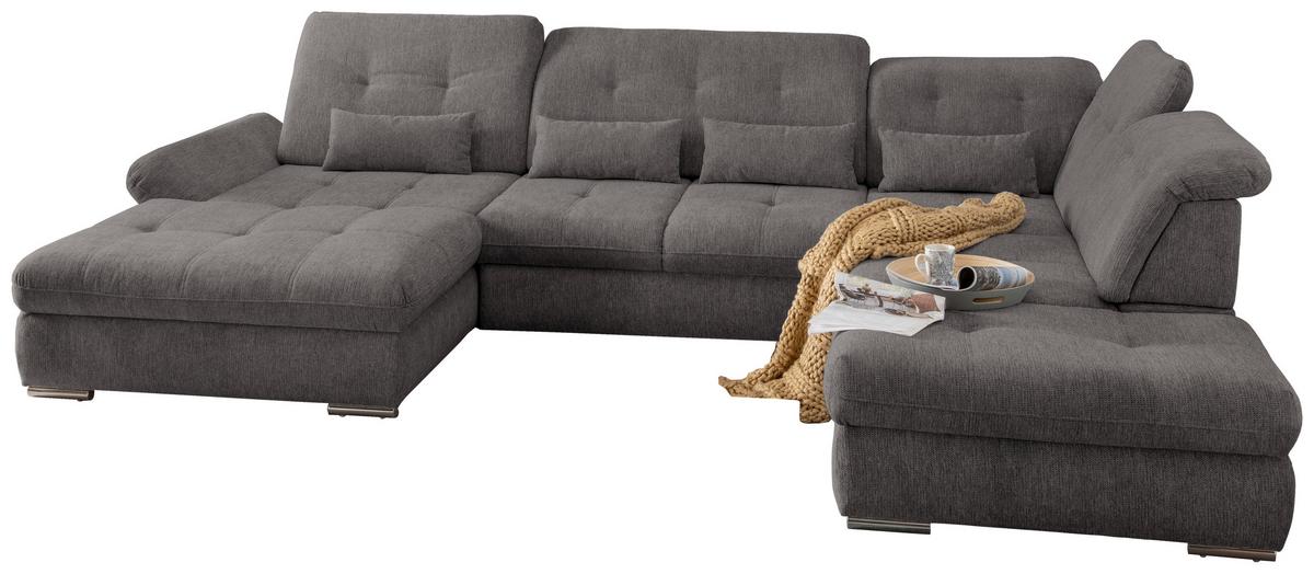 Wohnlandschaft Dalida Mit Schlaffunktion Braun/grau - Chromfarben/Braun, Design, Textil (195/376/254cm) - Livetastic