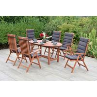 Gartentischgruppe Vitoria 7-tlg. aus Holz mit Auflagen - Eukalyptusholzfarben/Grau, KONVENTIONELL, Holz/Textil - Gardenson