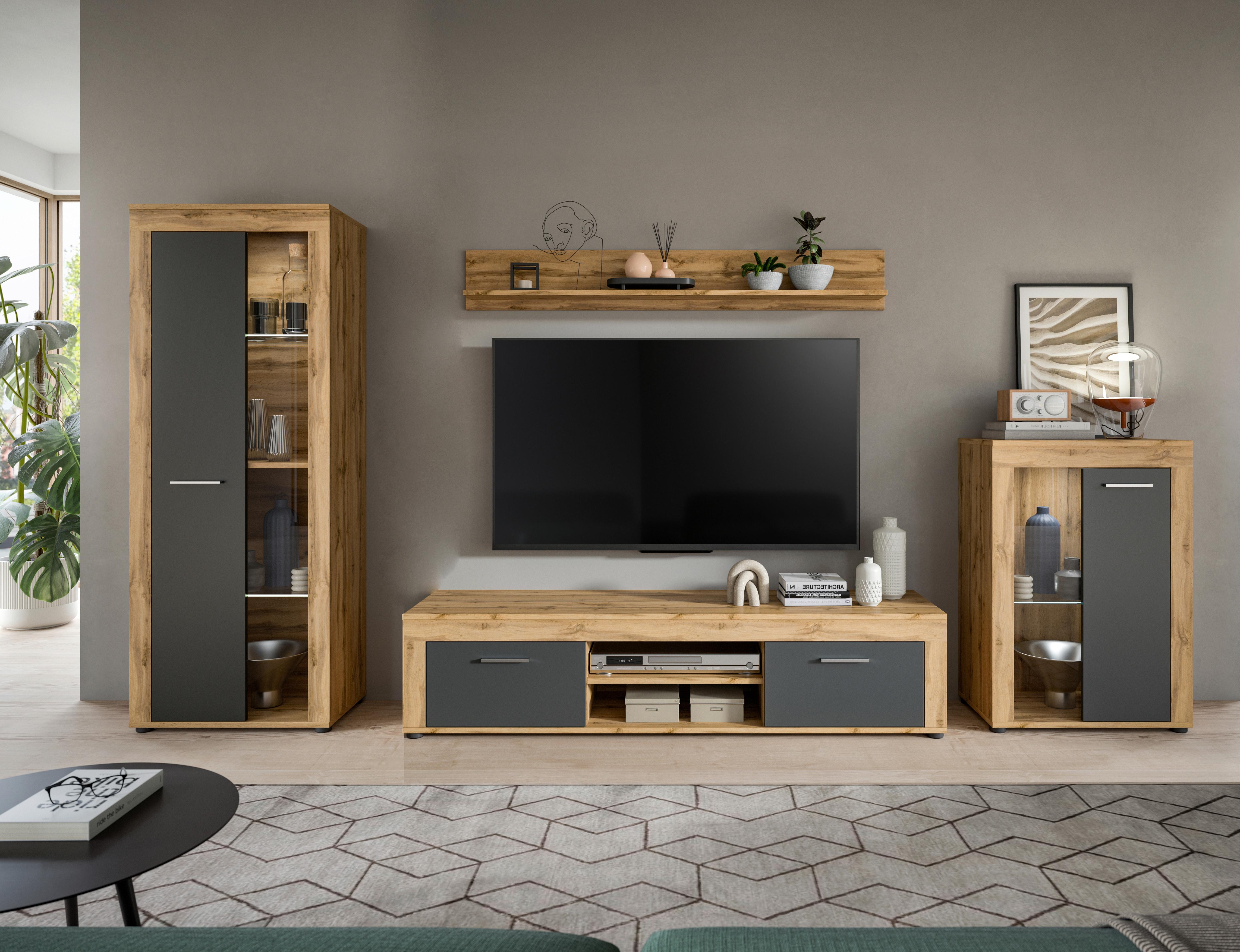 Wohnwand Jam Eiche Wotan Dekor B: 310cm - Eiche Wotan/Schwarz, Design, Glas/Holzwerkstoff (310/169/35cm) - MID.YOU