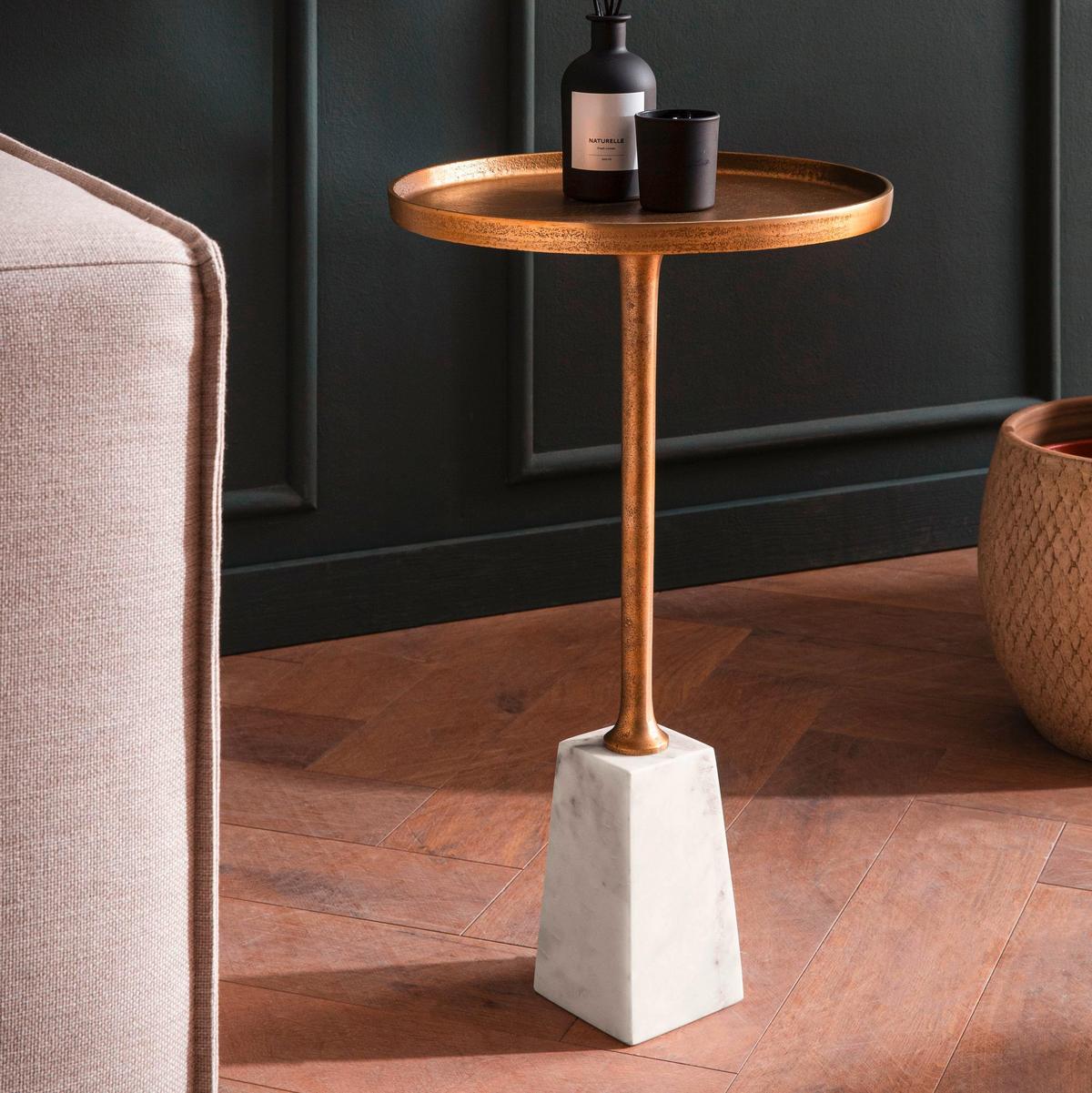 Beistelltisch Weiß, Goldfarben L: 34 cm - Goldfarben/Weiß, Design, Stein/Metall (34/34/58cm) - Livetastic