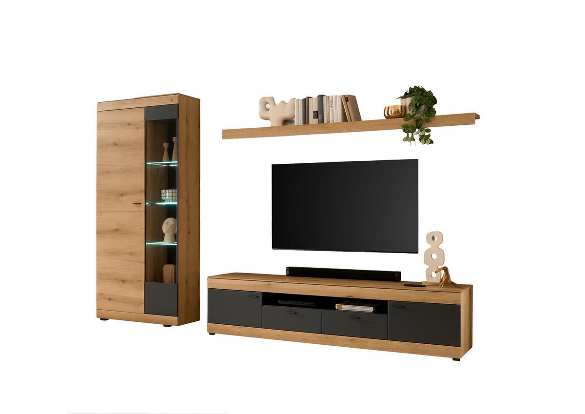 Wohnwand Soleto Graphit/Eichefarben B: 300cm - Eichefarben/Schwarz, Design, Glas/Holzwerkstoff (300/201/45cm) - MID.YOU