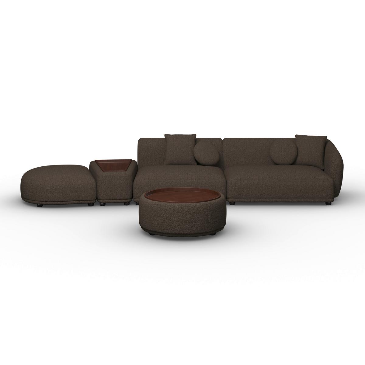 Rohová sedačka KIRA, hnědá žinylka, so stolíkem - černá/hnědá, Moderní, dřevo/textil (410/71/108cm) - Bessagi Home