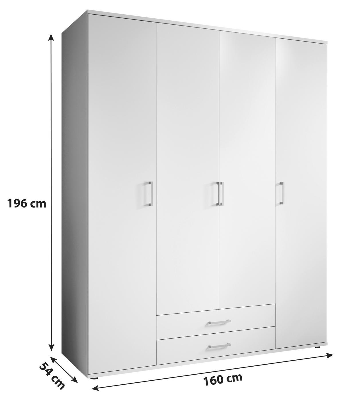 Drehtürenschrank Mit 2 Laden 160 cm Paul,weiß 4-Türig - Weiß, Basics, Glas/Holzwerkstoff (160/196/54cm)