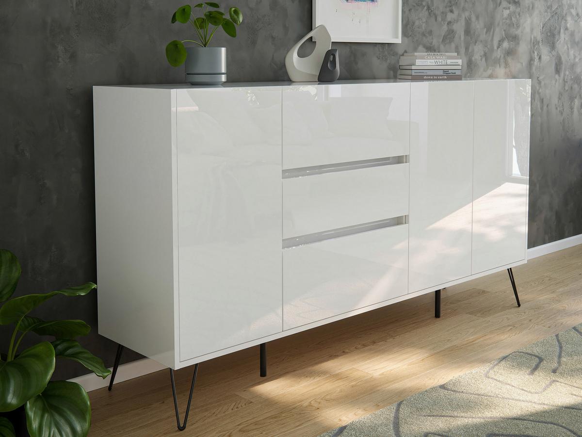 Sideboard Posseik Industrial Weiß B: 177 Cm - Weiß Hochglanz/Schwarz, Design, Holzwerkstoff (177/93,6/42cm) - P & B