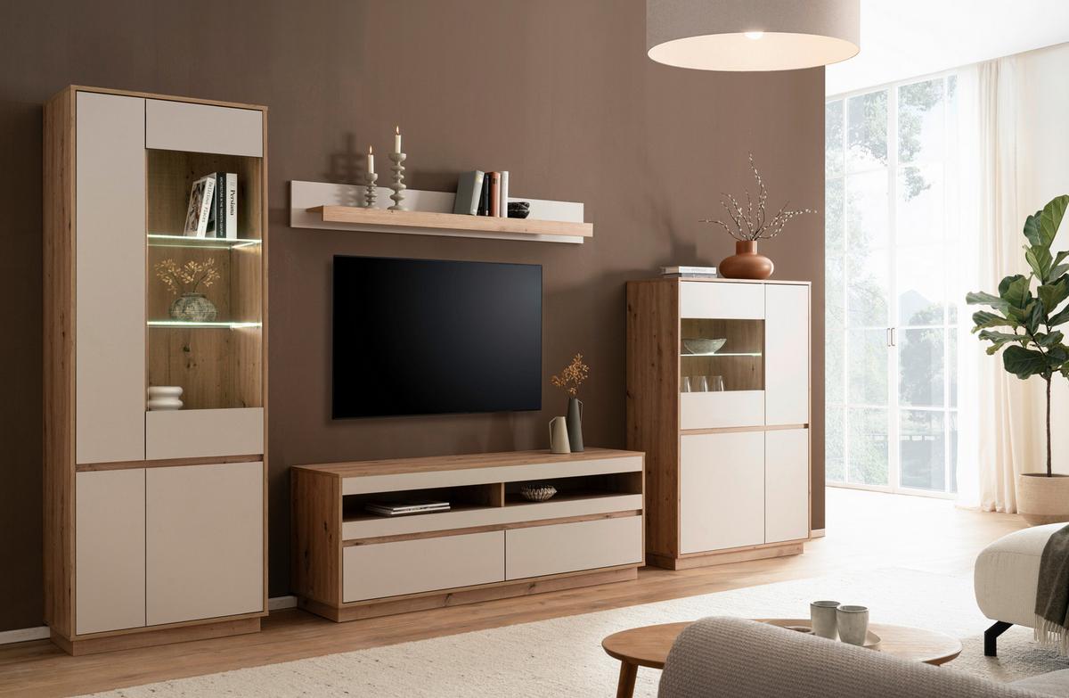 Wohnwand Sonora Eiche Artisan B: 342cm - Kaschmir/Eiche Artisan, Design, Glas/Holzwerkstoff (342/205/40cm) - MID.YOU