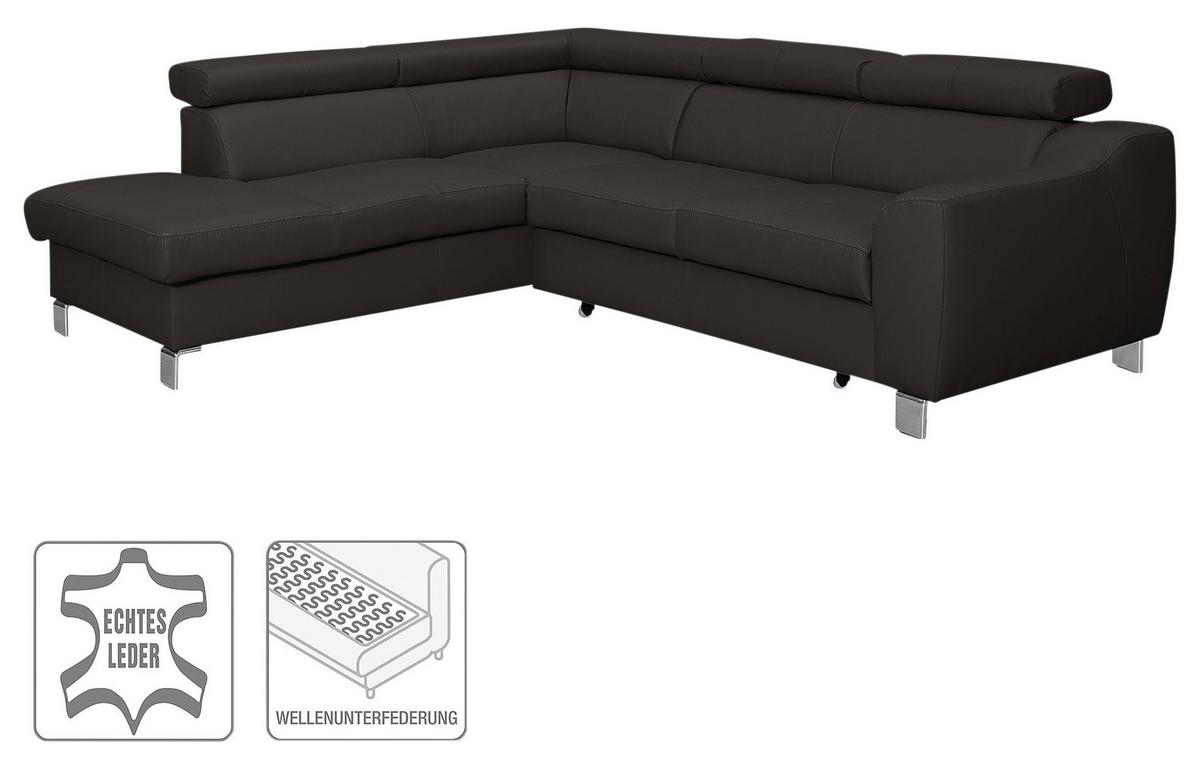Ecksofa Aspen Dunkelbraun S: 208 Cm - Chromfarben/Dunkelbraun, Design, Leder/Textil (208/245cm) - Livetastic