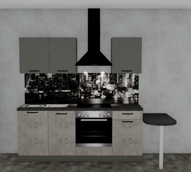 Moderner Küchenblock mit Dunstabzugshaube und Spüle auf der linken Seite