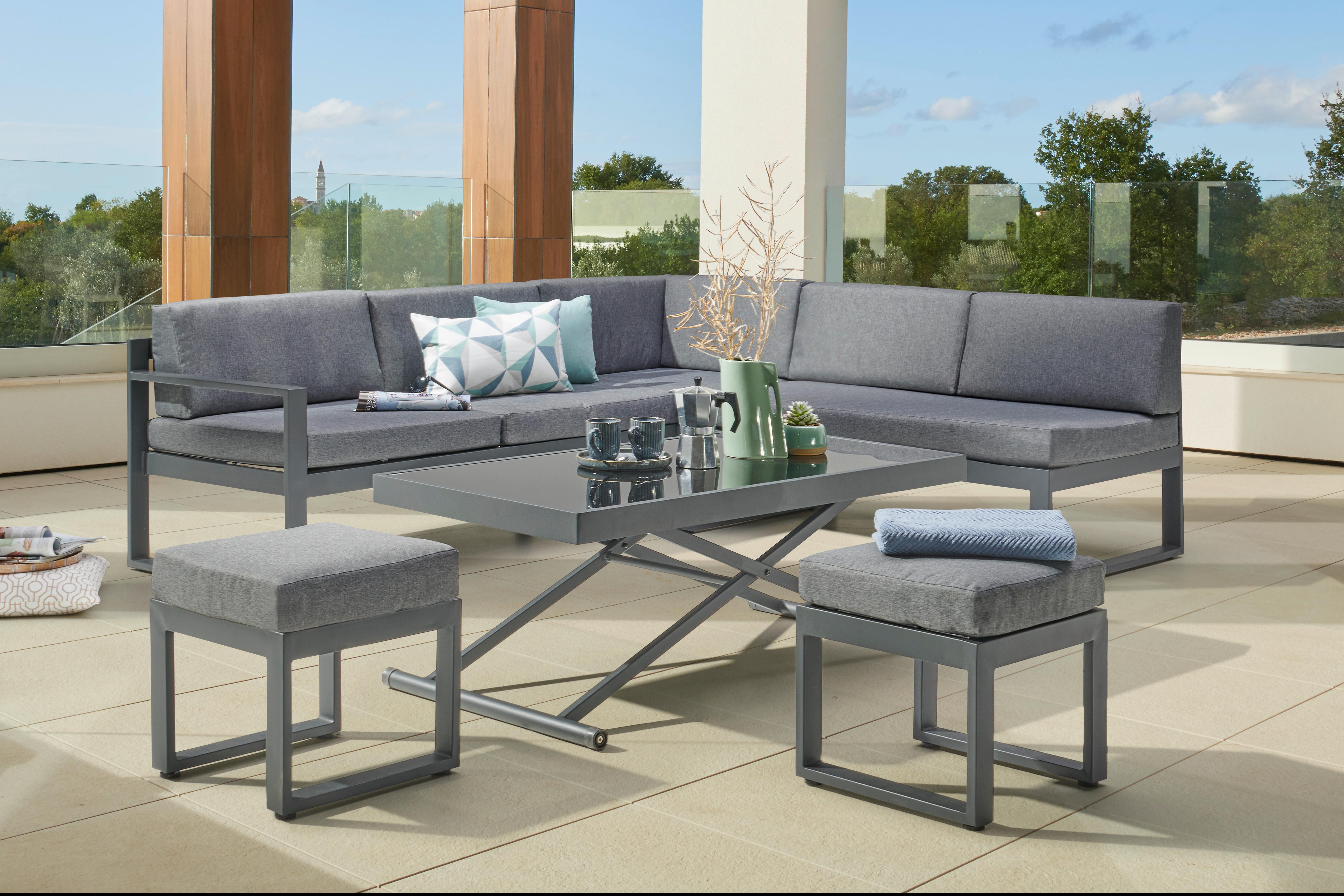 Moderne Loungegarnitur mit Eckbank, Tisch und 2 Hockern