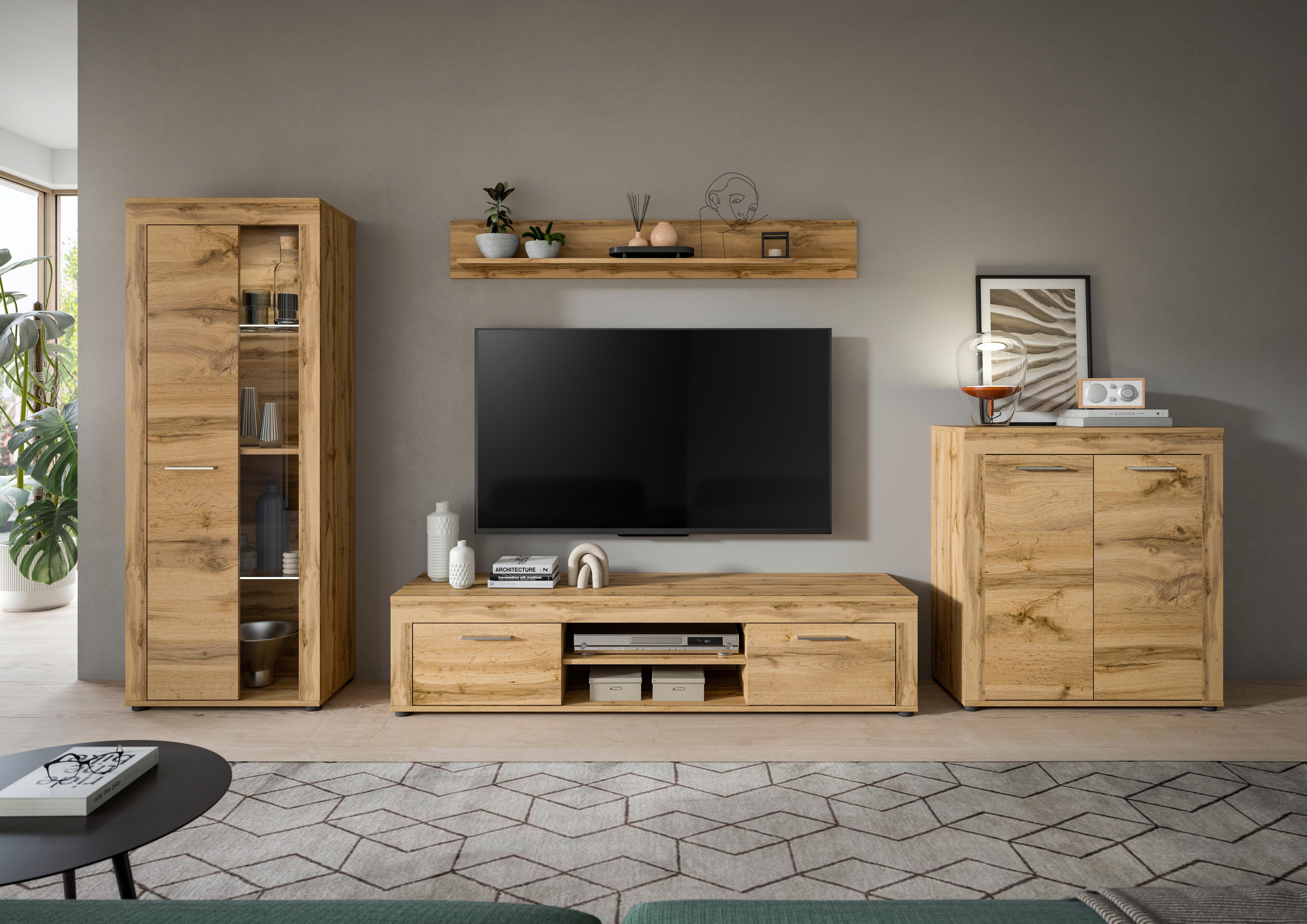Wohnwand Jam Eiche Dekor 4-Teilig B: Ca. 330 Cm - Eiche Wotan/Schwarz, Design, Glas/Holzwerkstoff (330/159/35cm) - MID.YOU