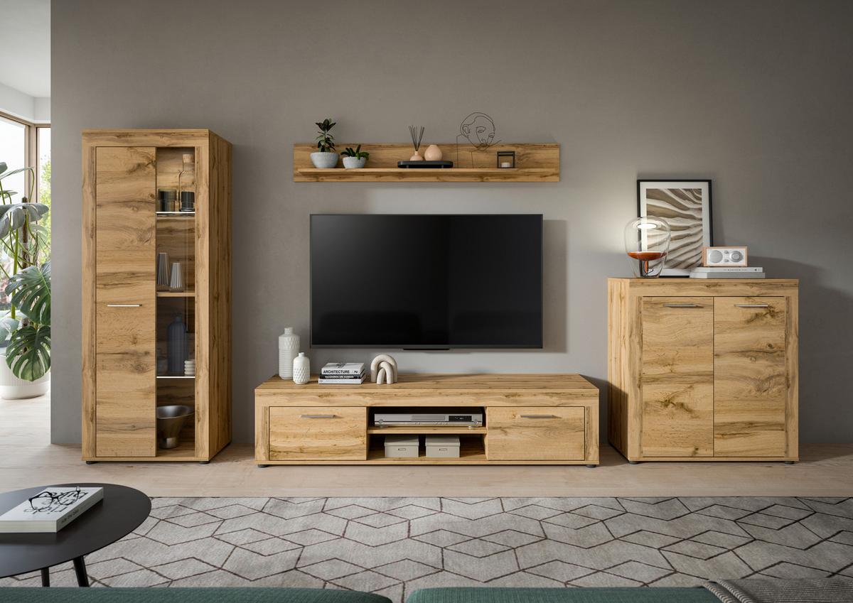 Wohnwand Jam Eiche Dekor 4-Teilig B: Ca. 330 Cm - Eiche Wotan/Schwarz, Design, Glas/Holzwerkstoff (330/159/35cm) - MID.YOU