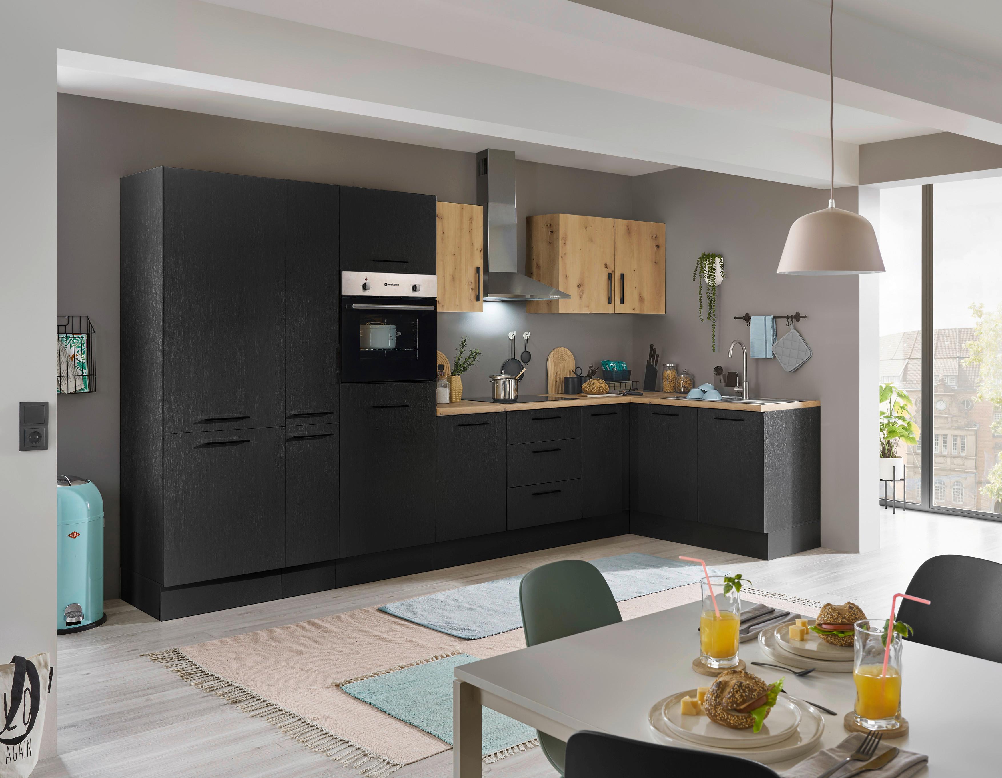 Eckküche Turin Schwarz/Eiche Dekor 360x125 cm - Schwarz/Eiche Artisan, Basics, Holzwerkstoff (360/125cm) - MID.YOU