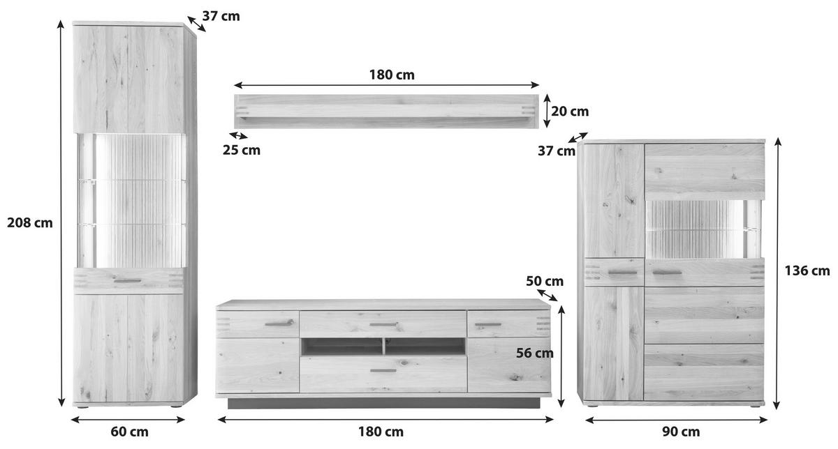 Wohnkombination teilmassiv 4--teilig. Salvador Eichefarben - Eichefarben/Schwarz, Design, Glas/Holz (350/208/50cm) - Livetastic