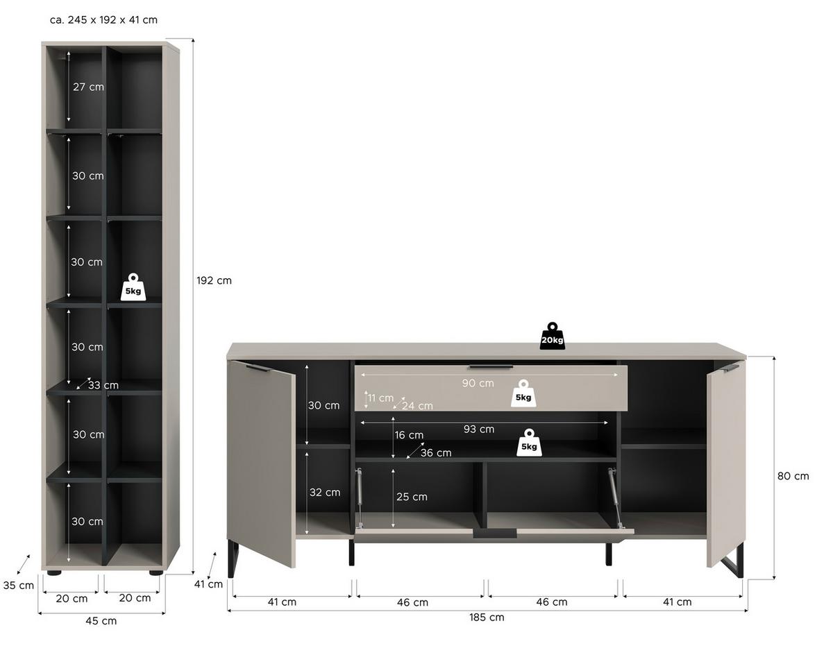 WOHNWAND Noida Kaschmirfarben B: 245cm - Kaschmir/Schwarz, Design, Holzwerkstoff (245/192/41cm) - Livetastic