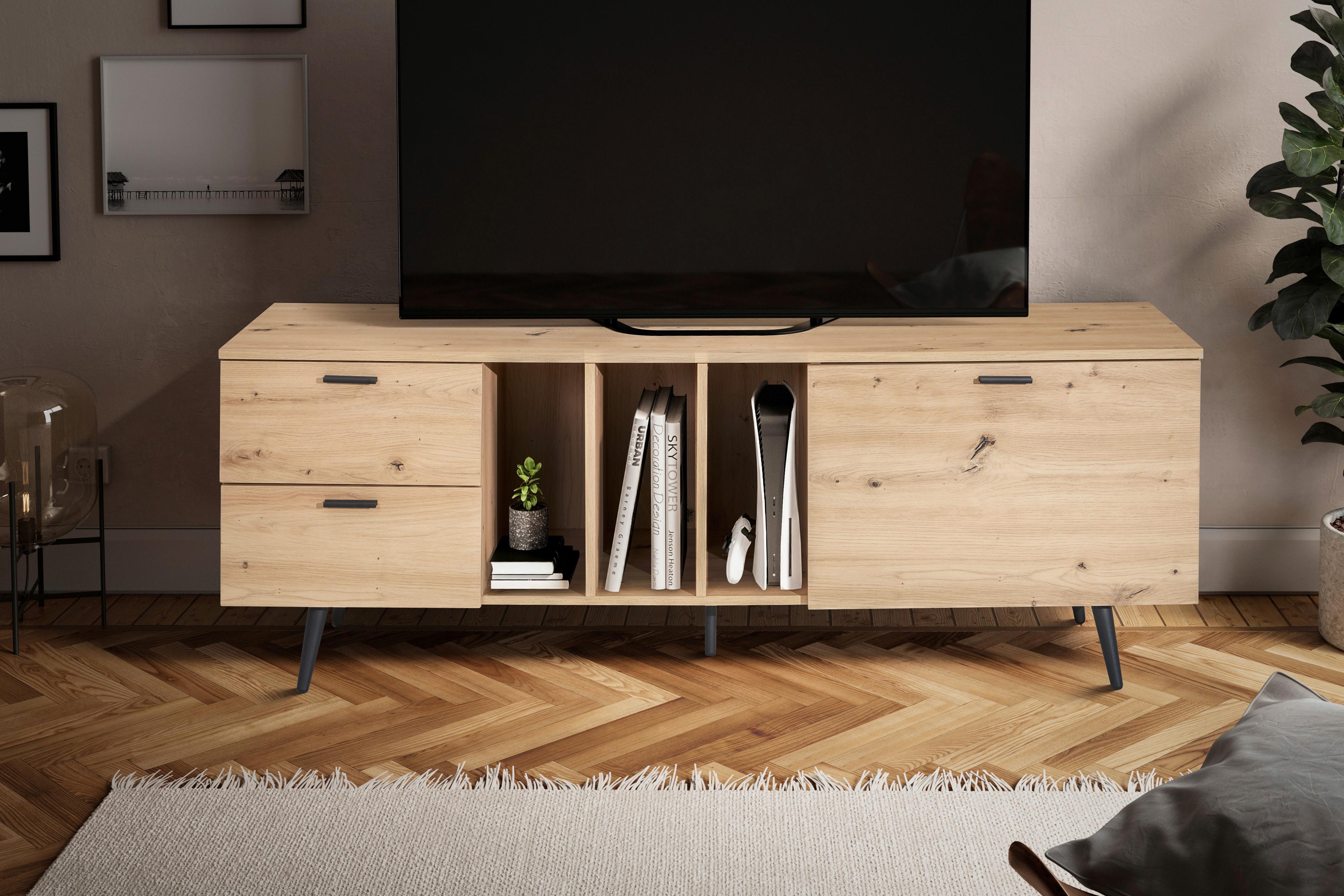 Nízka komoda dekor dub - čierna/farba duba, Design, kov/kompozitné drevo (150/55/40cm) - Livetastic