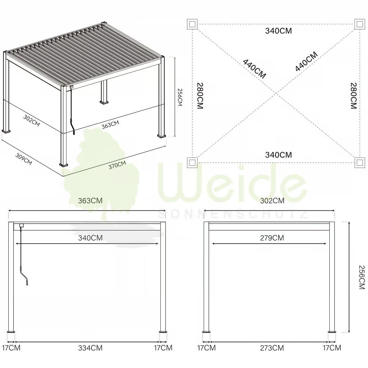 Pavillon Classic 360x300cm Sturmfest, Gartenpavillon - Anthrazit, Basics, Metall (360/255/300cm) - WEIDE