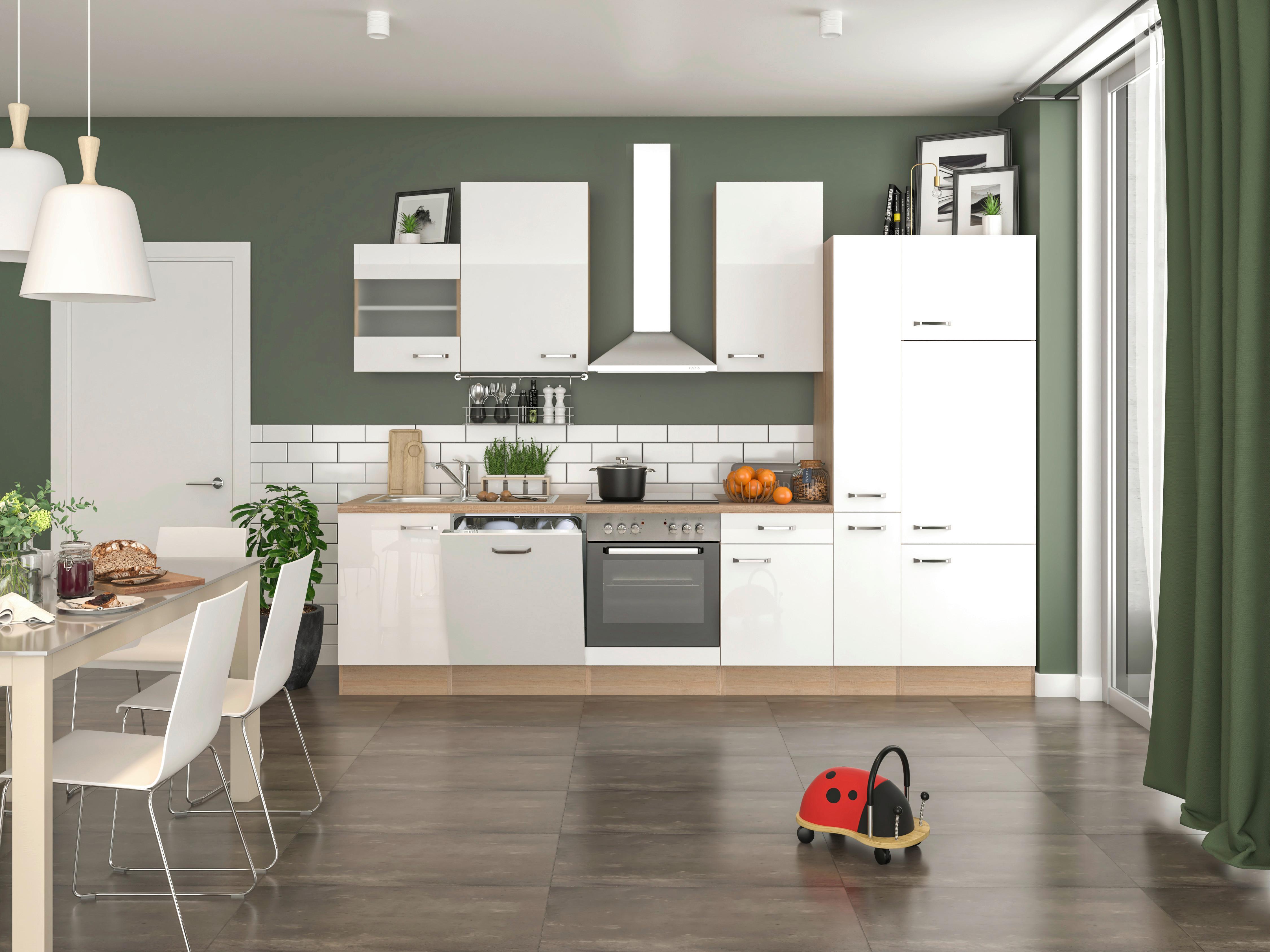 Küchenblock Valero Sonoma Eiche/Weiß B: 310 cm - Weiß Hochglanz/Sonoma Eiche, MODERN, Holzwerkstoff (310cm) - FlexWell