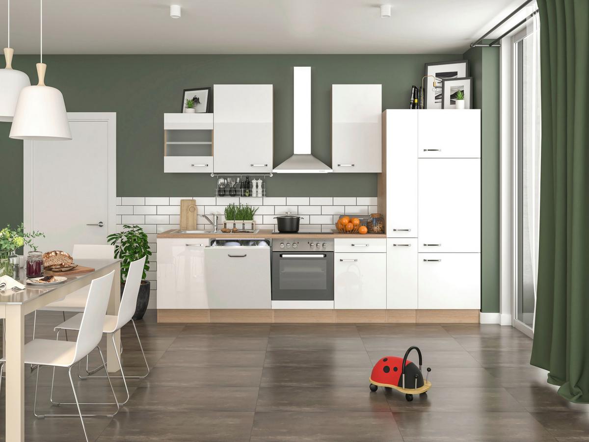 Küchenblock Valero Sonoma Eiche/Weiß B: 310 cm - Weiß Hochglanz/Sonoma Eiche, MODERN, Holzwerkstoff (310cm) - FlexWell