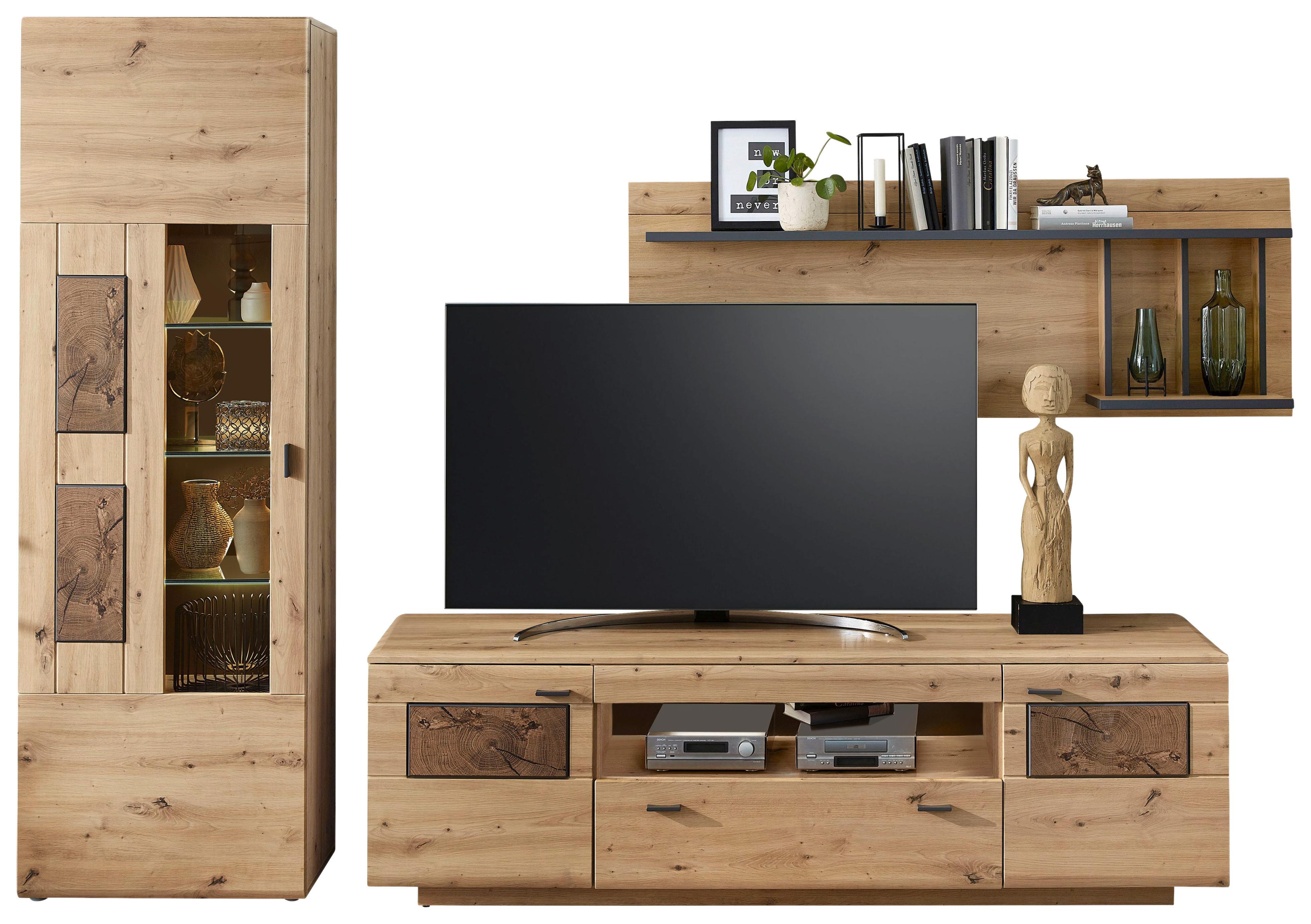 Wohnwand Madera II 40a6hh89 - Eichefarben/Graphitfarben, MODERN, Glas/Holzwerkstoff (300/201/47cm) - Livetastic