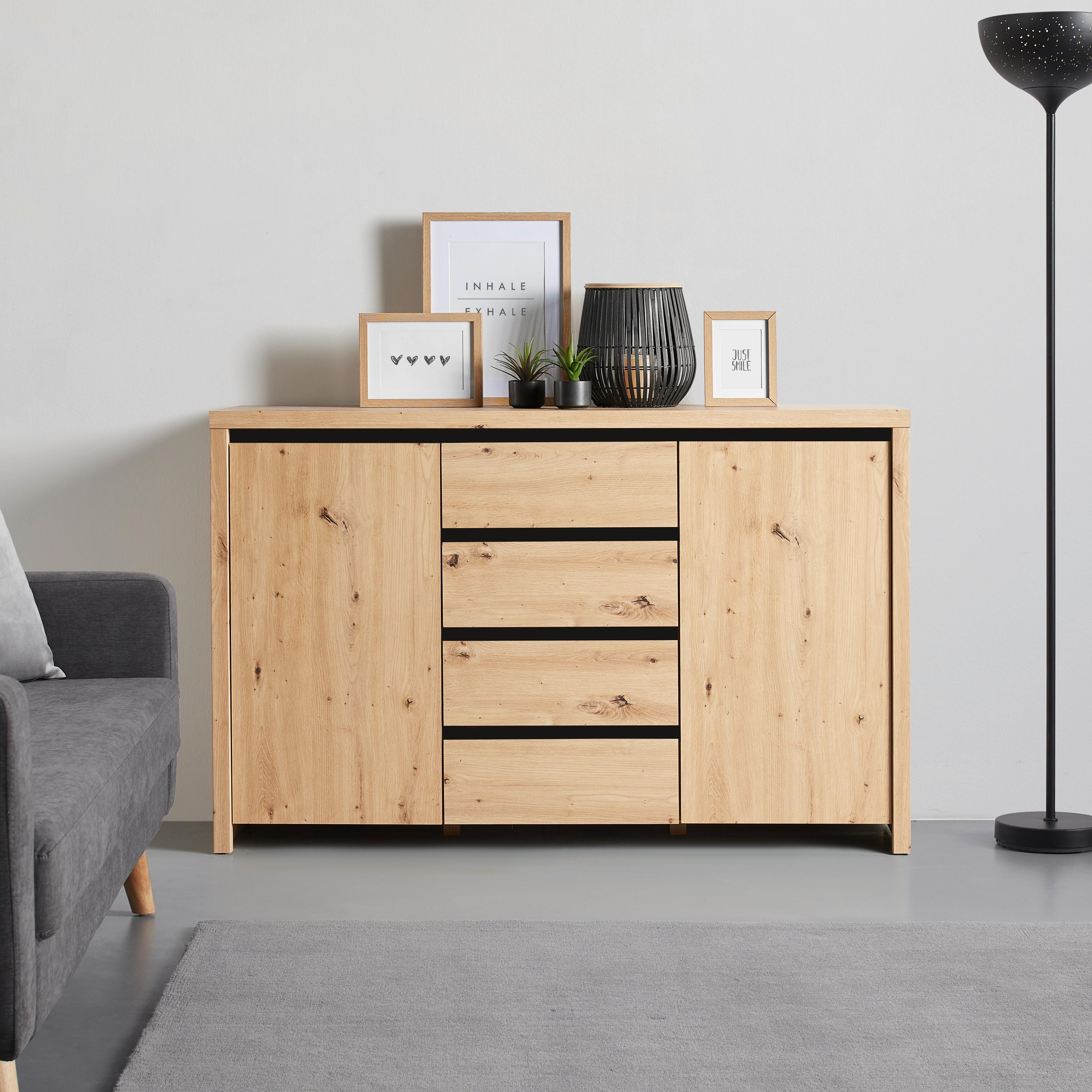 Široká komoda Larios, š: 143 cm - černá/dub artisan, Moderní, kompozitní dřevo (143/91/40cm) - Mömax