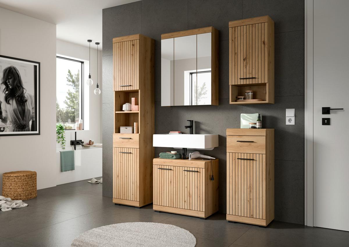 Badezimmer Scout Eiche Artisan Dekor B: 97cm - Schwarz/Eiche Artisan, Trend, Glas/Holzwerkstoff (97cm) - MID.YOU